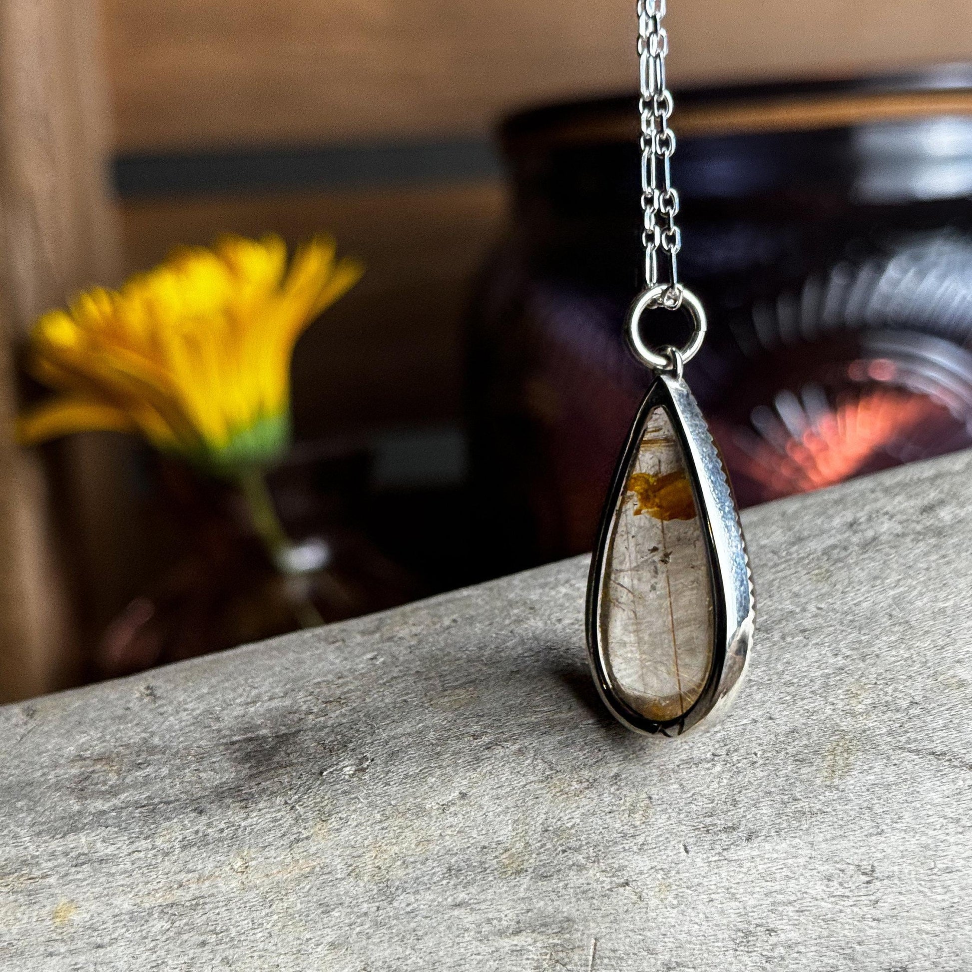 Rutilated Quartz Sterling Silver Handmade Necklace - Metalsmith Natural Stone Minimalist Jewelry