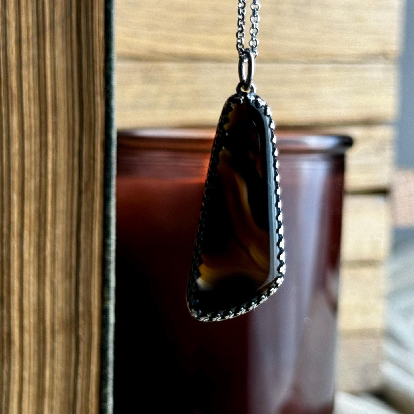 Black Agate Sterling Silver Handmade Necklace - Metalsmith Natural Stone Minimalist Jewelry