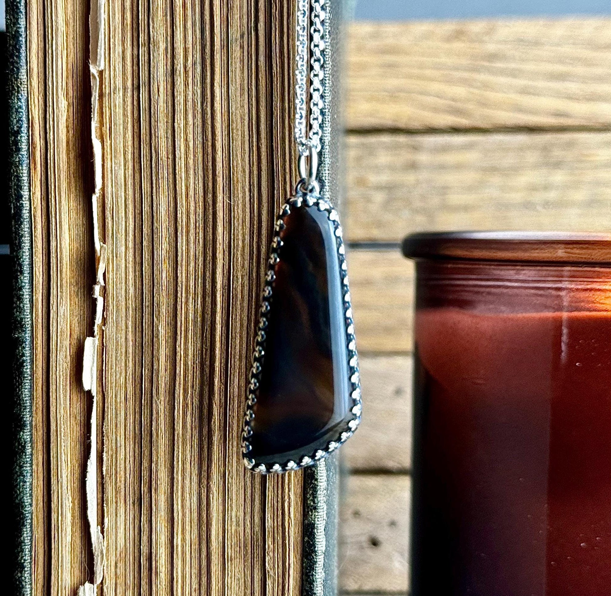 Black Agate Sterling Silver Handmade Necklace - Metalsmith Natural Stone Minimalist Jewelry