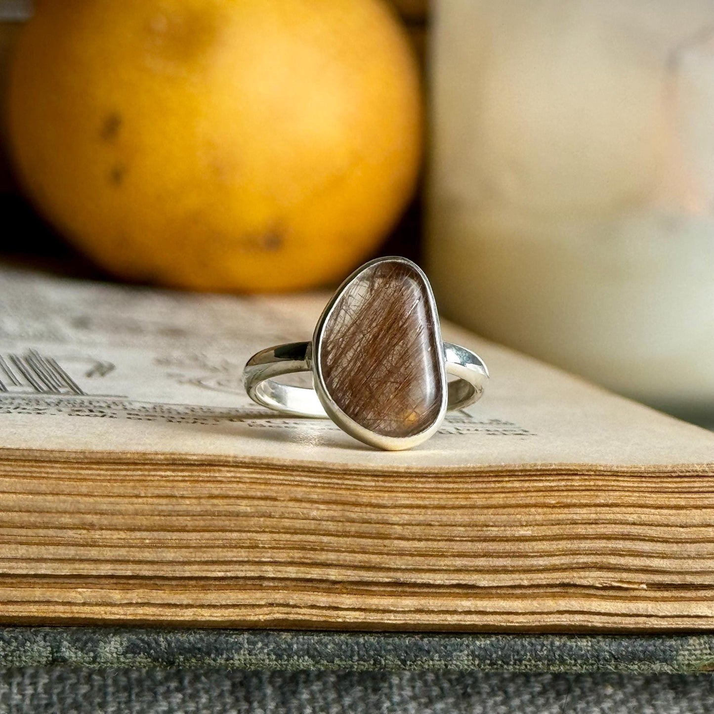 Rutilated Quartz Modern Minimalist Natural Stone Sterling Silver Handmade Metalsmith Jewelry Ring - Size 8.5