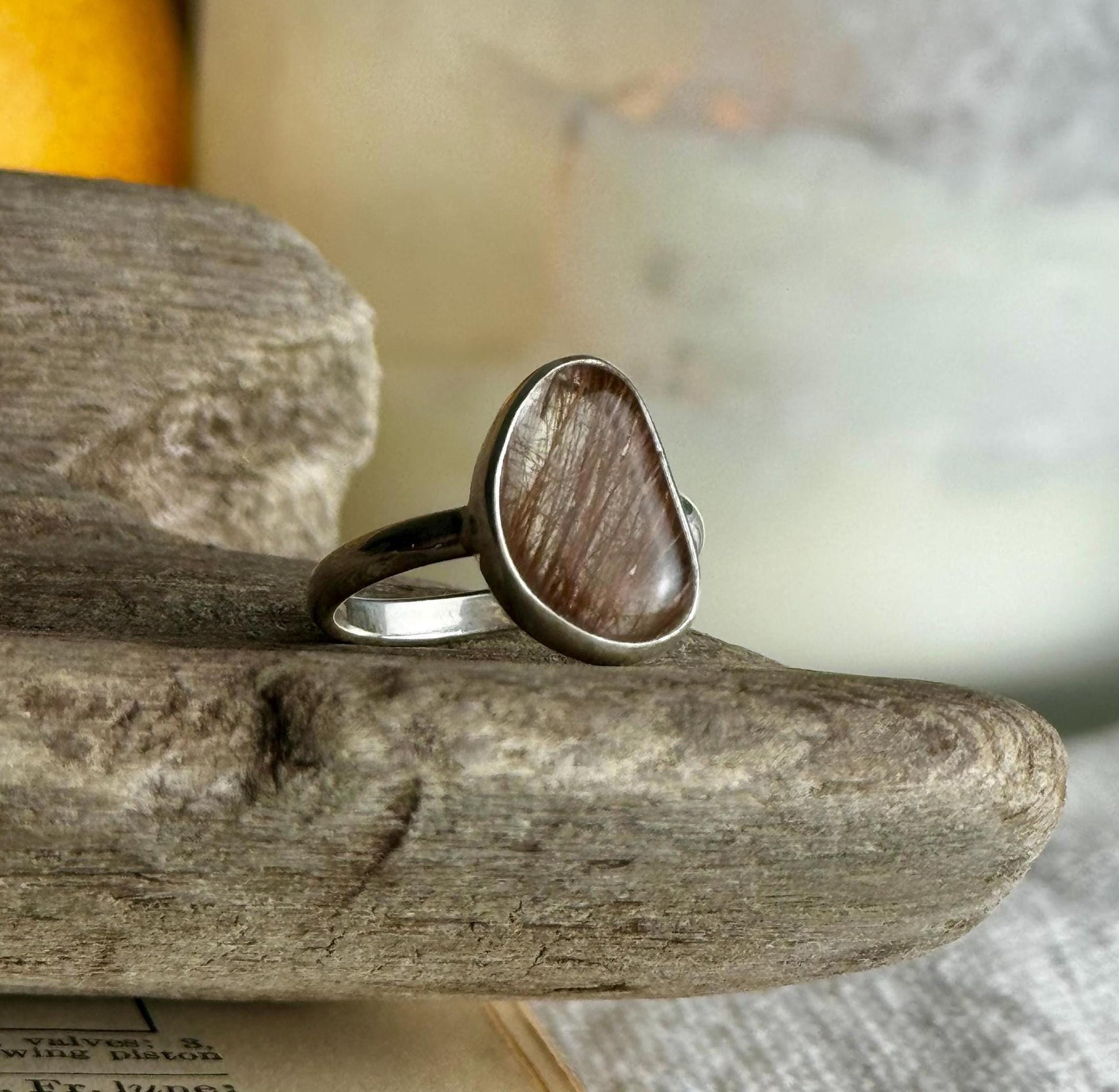 Rutilated Quartz Modern Minimalist Natural Stone Sterling Silver Handmade Metalsmith Jewelry Ring - Size 8.5