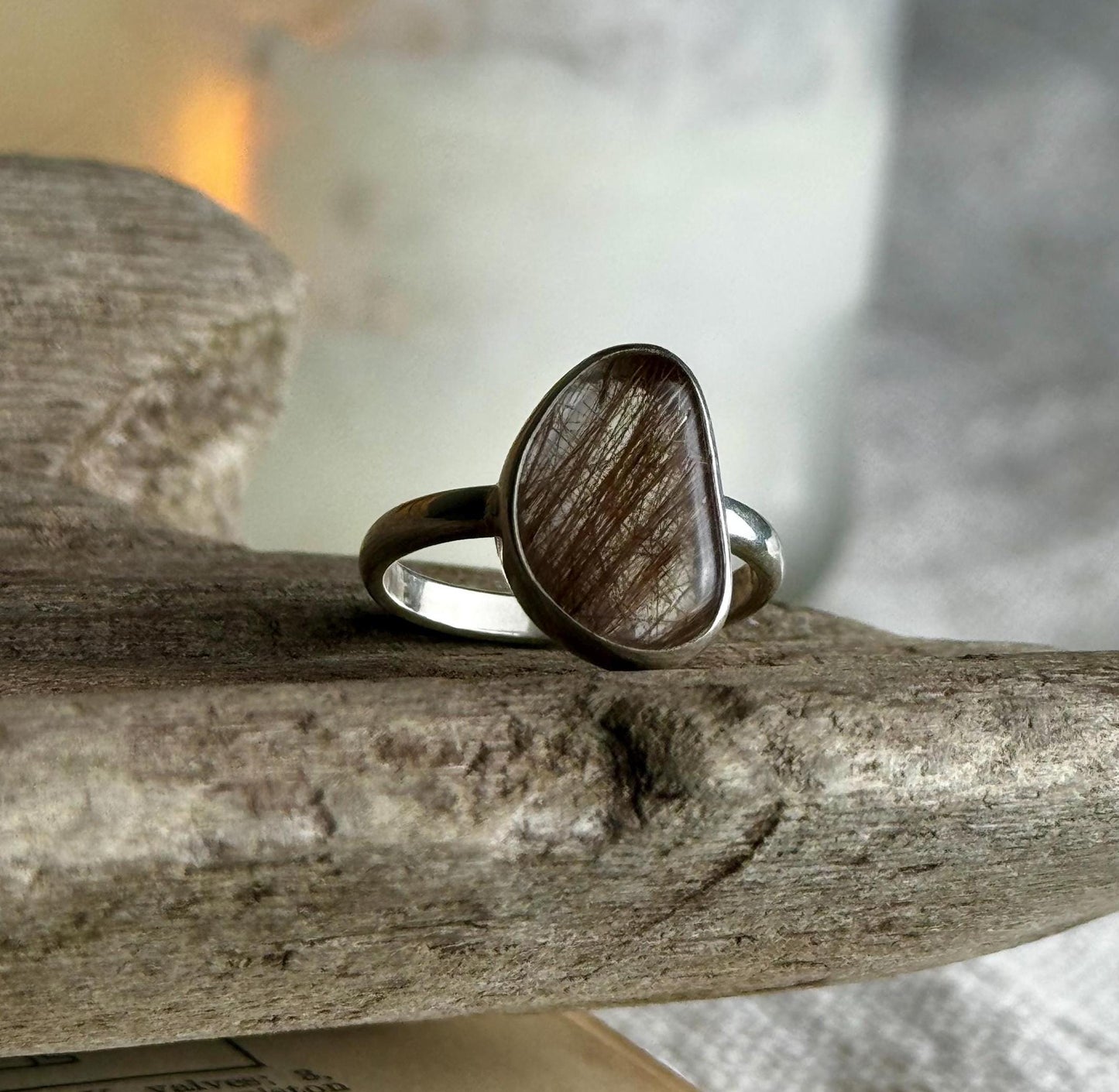 Rutilated Quartz Modern Minimalist Natural Stone Sterling Silver Handmade Metalsmith Jewelry Ring - Size 8.5