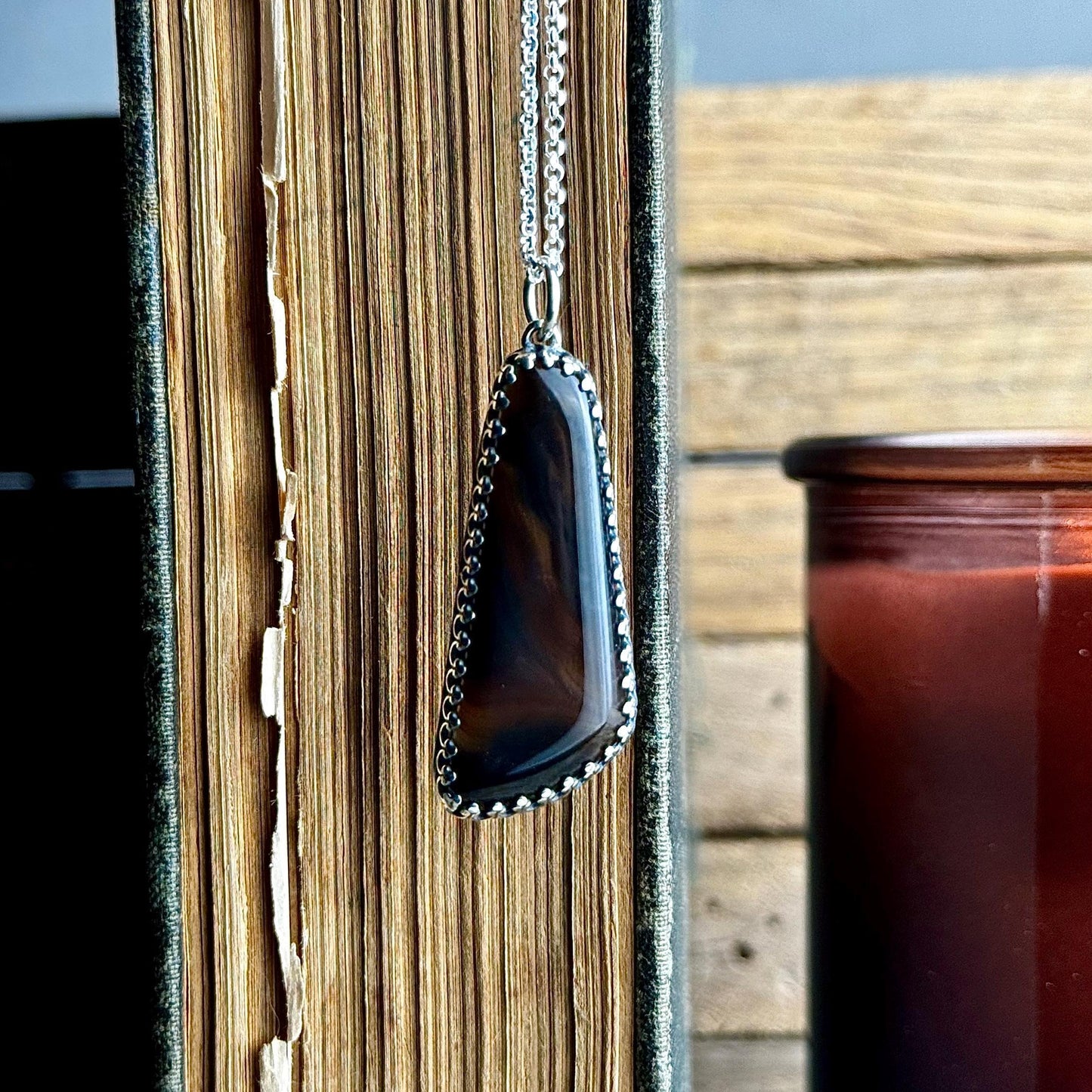 Black Agate Sterling Silver Handmade Necklace - Metalsmith Natural Stone Minimalist Jewelry