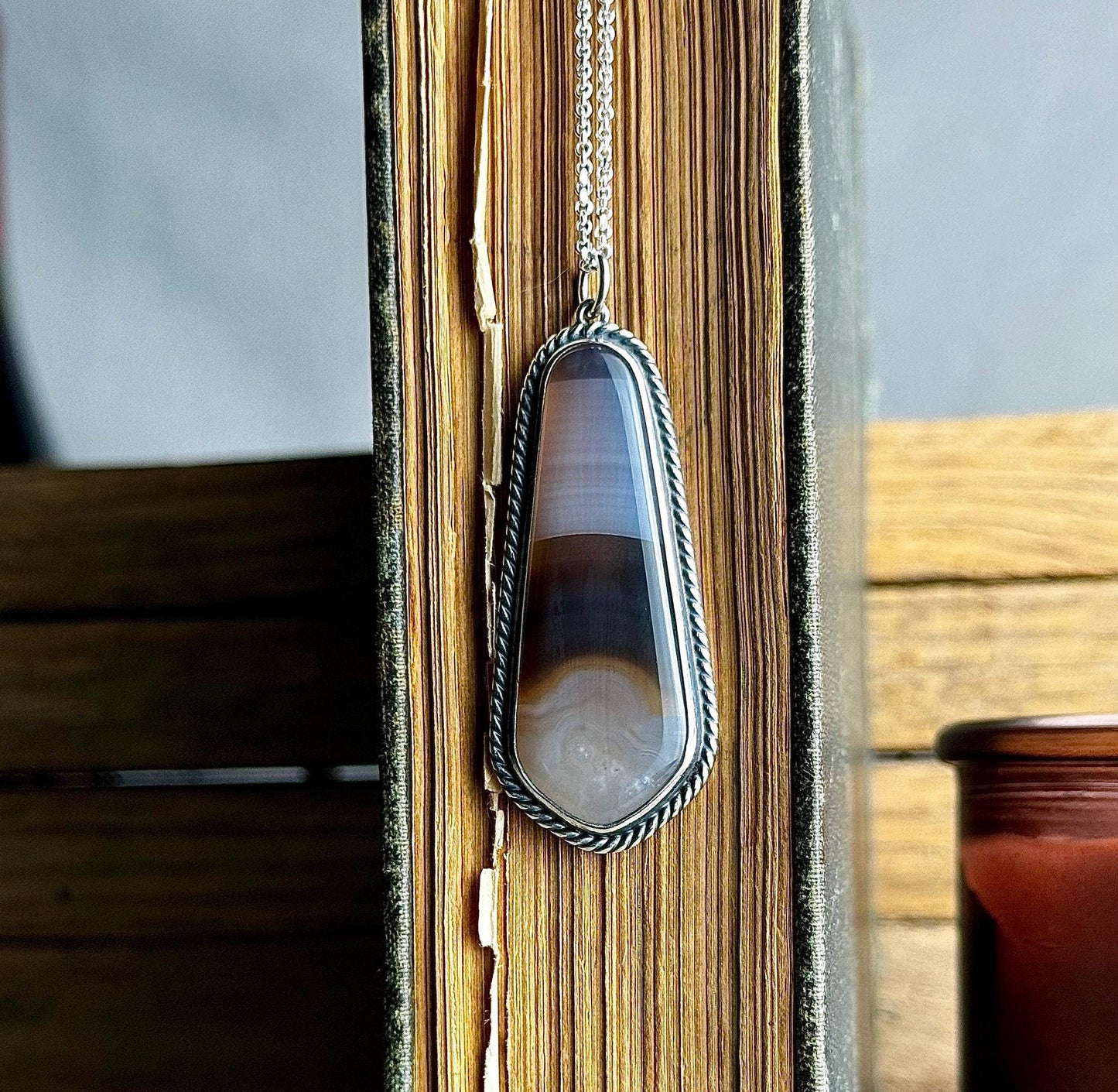 Kentucky Agate Sterling Silver Handmade Necklace - Metalsmith Natural Stone Minimalist Jewelry