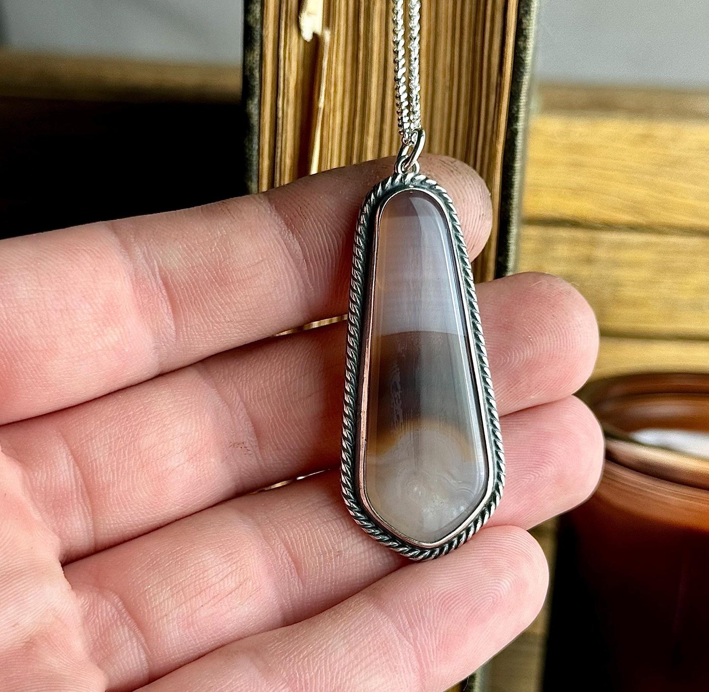 Kentucky Agate Sterling Silver Handmade Necklace - Metalsmith Natural Stone Minimalist Jewelry