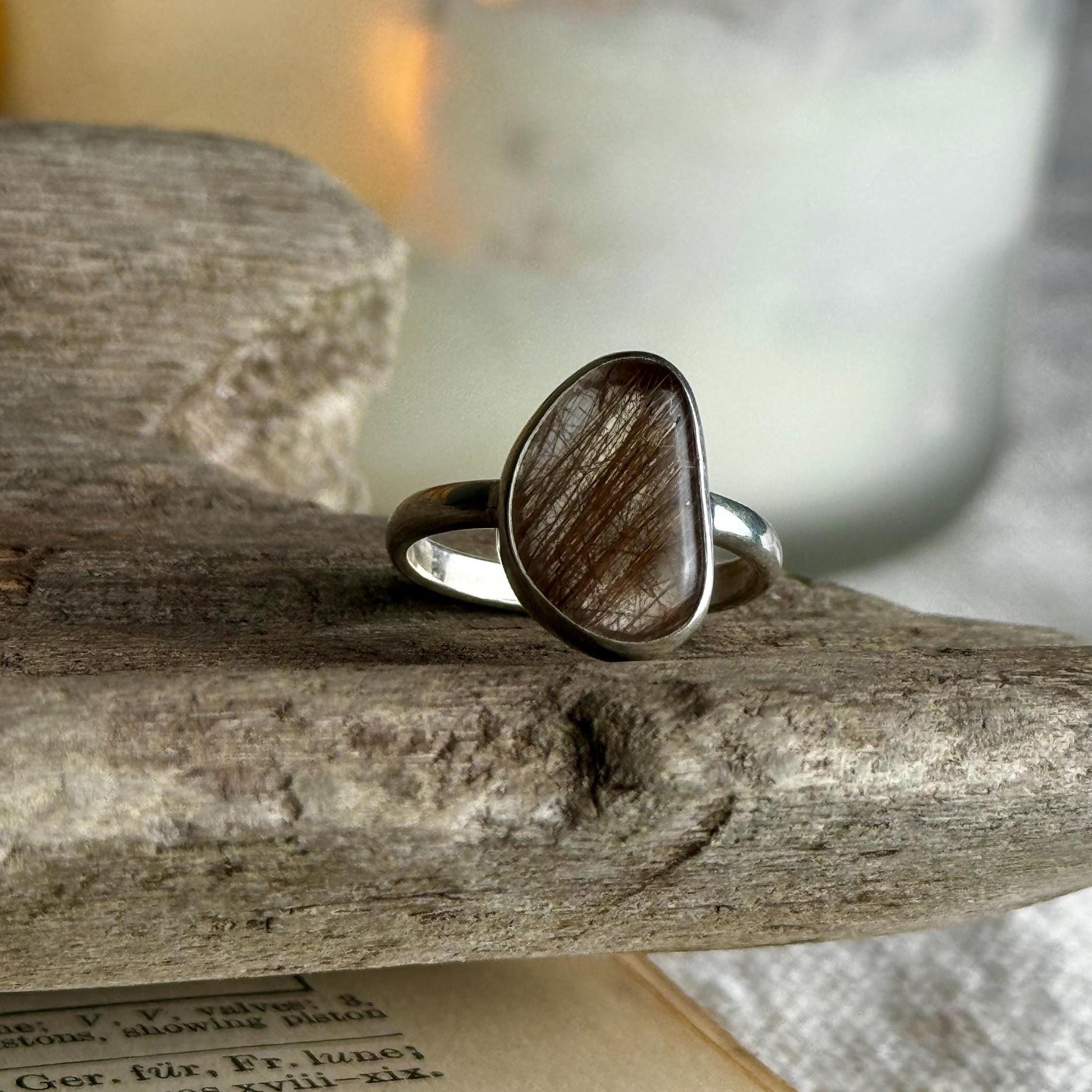 Rutilated Quartz Modern Minimalist Natural Stone Sterling Silver Handmade Metalsmith Jewelry Ring - Size 8.5