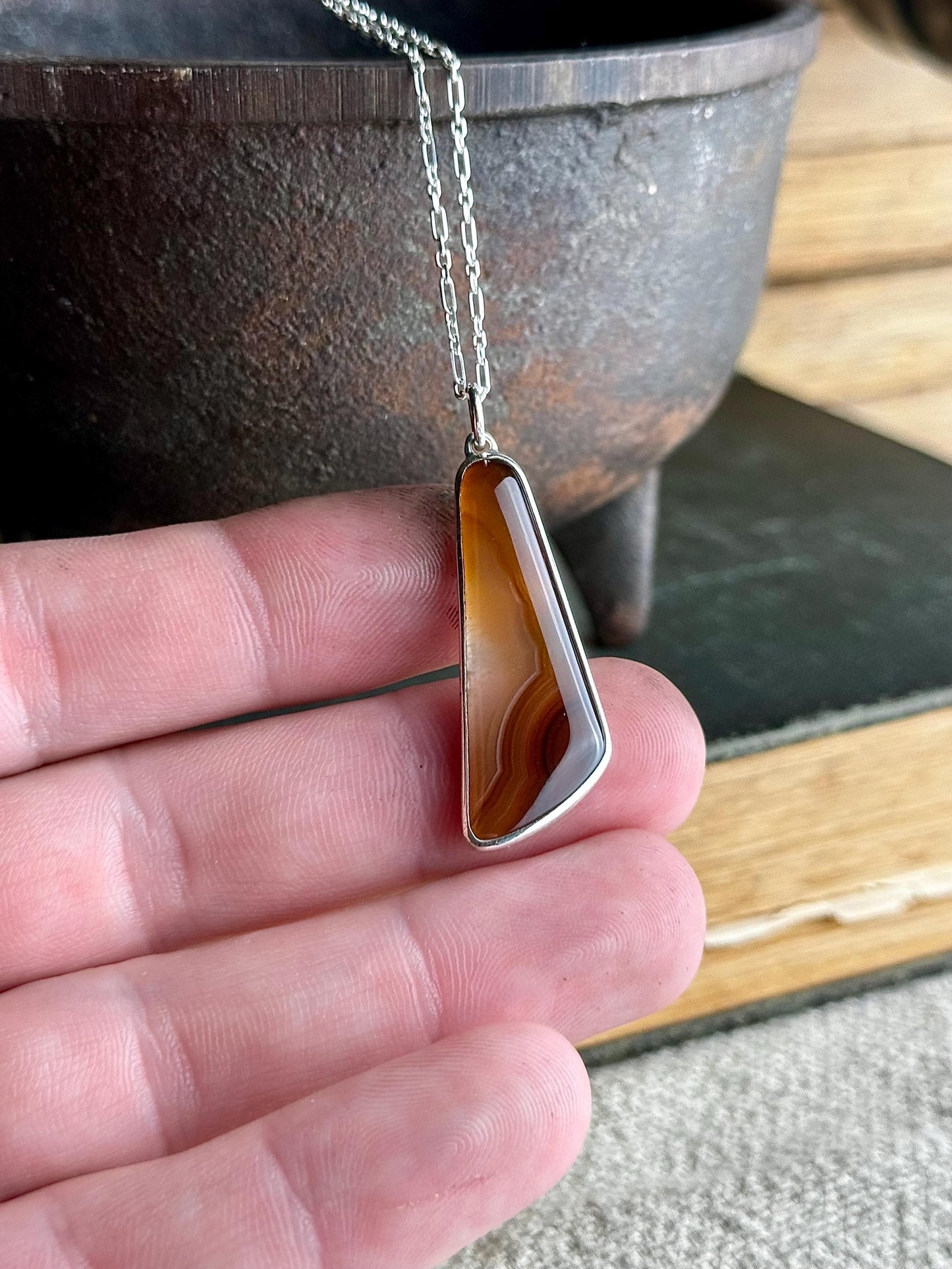 Brazilian Agate Sterling Silver Handmade Necklace - Metalsmith Natural Stone Minimalist Jewelry