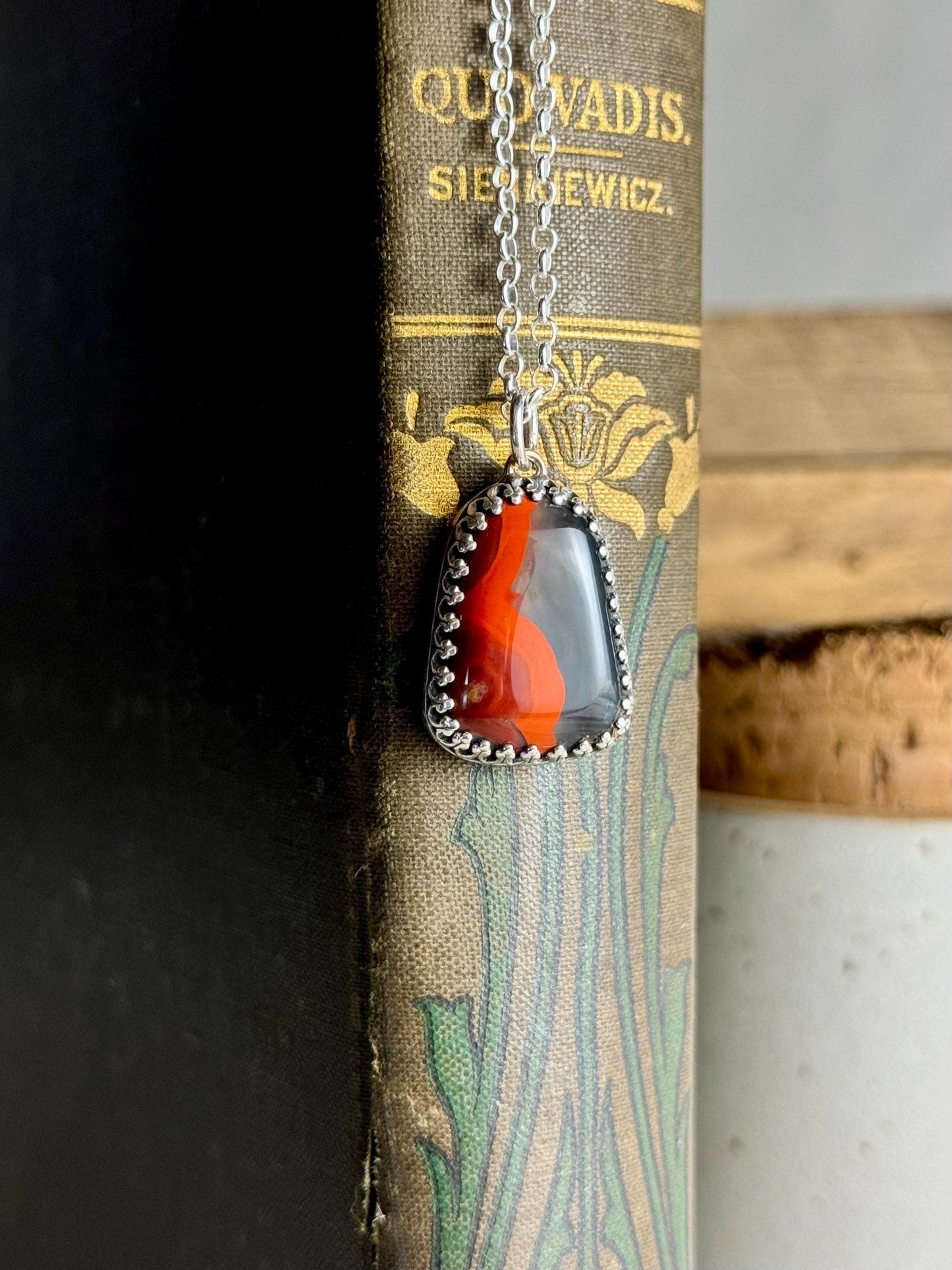 Handcrafted Sterling Silver Red Black Kentucky Agate Natural Stone Charm Necklace Metalsmith