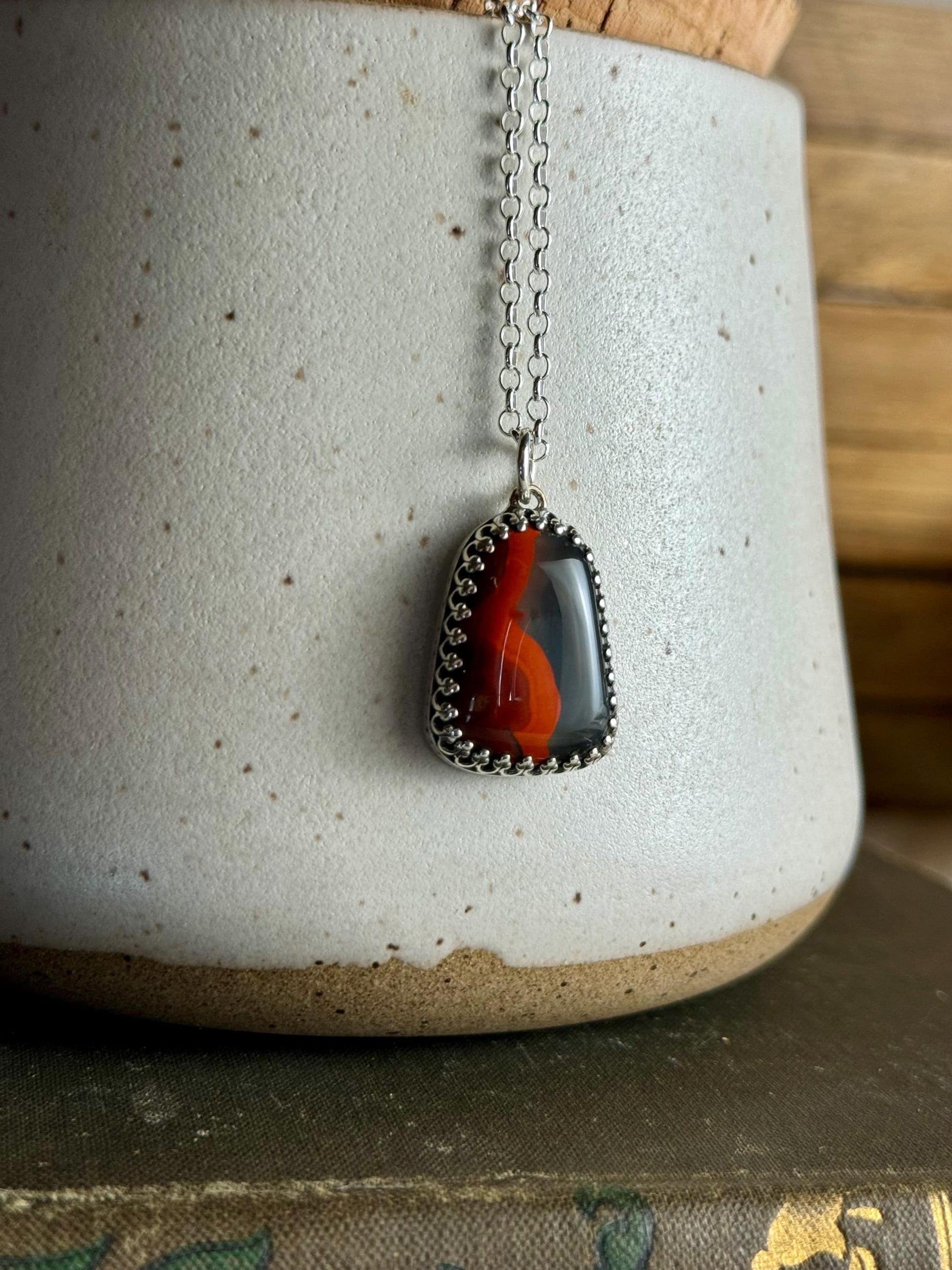 Handcrafted Sterling Silver Red Black Kentucky Agate Natural Stone Charm Necklace Metalsmith