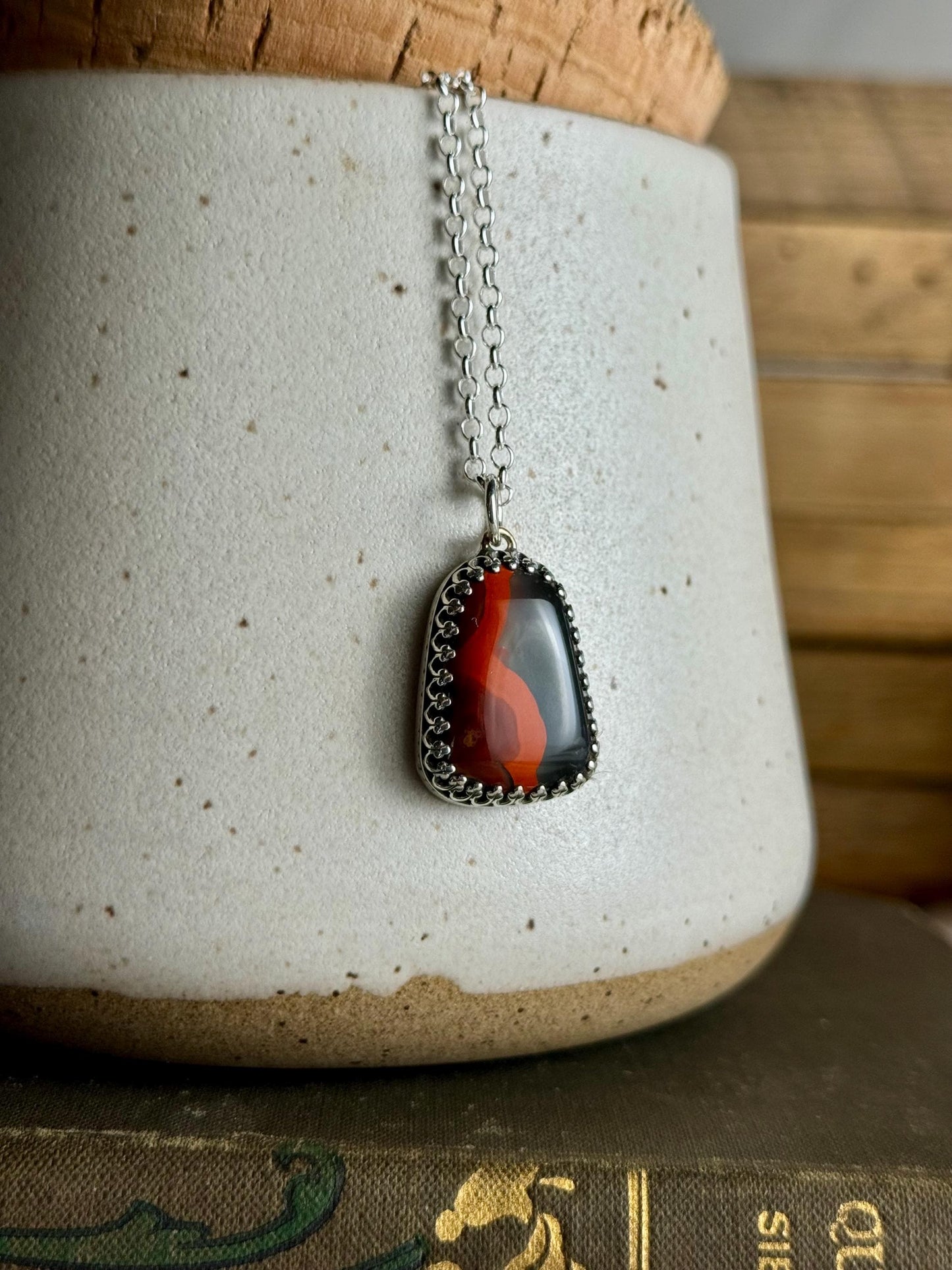 Handcrafted Sterling Silver Red Black Kentucky Agate Natural Stone Charm Necklace Metalsmith