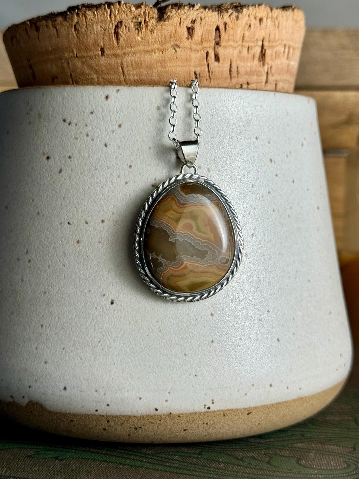 Handcrafted Sterling Orange Grey Brown Silver Kentucky Agate Natural Stone Charm Necklace Metalsmith