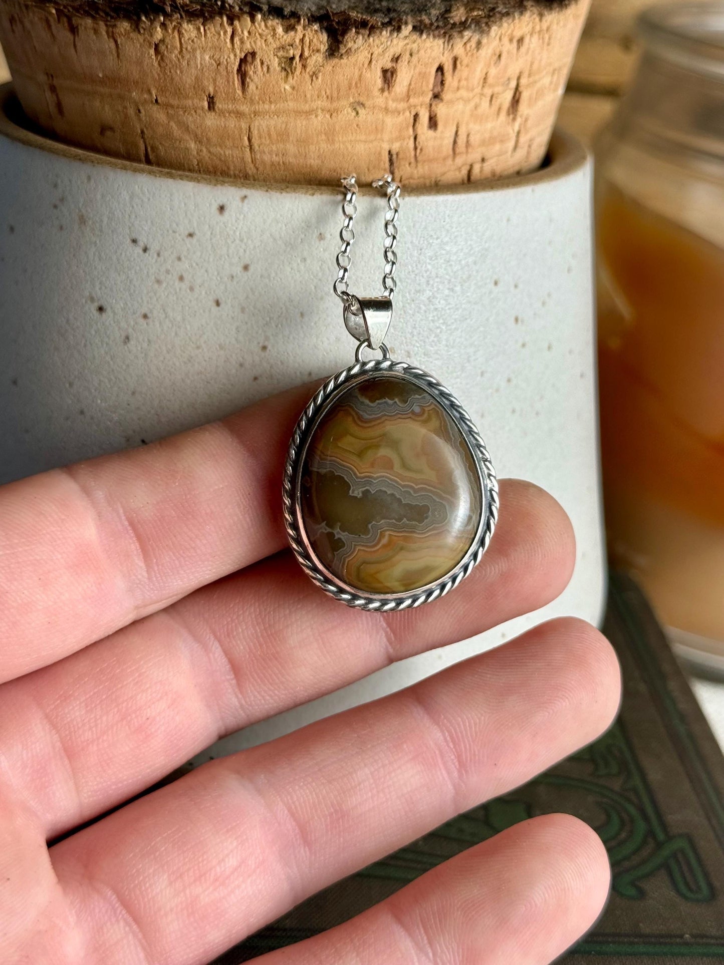 Handcrafted Sterling Orange Grey Brown Silver Kentucky Agate Natural Stone Charm Necklace Metalsmith