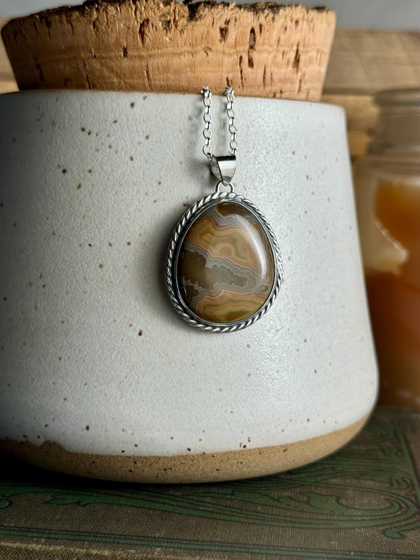 Handcrafted Sterling Orange Grey Brown Silver Kentucky Agate Natural Stone Charm Necklace Metalsmith