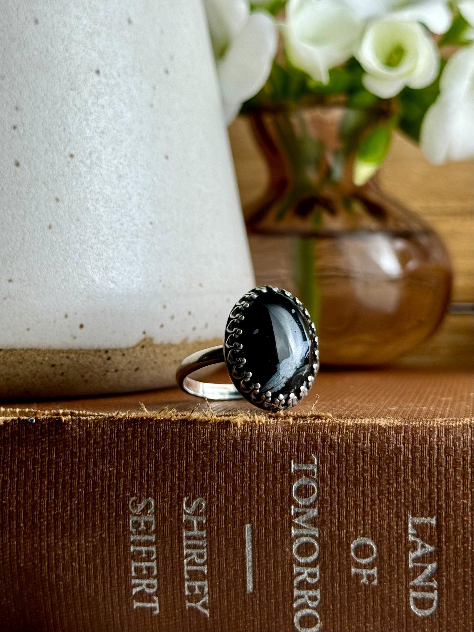 Snowflake Obsidian Modern Minimalist Natural Stone Sterling Silver Handmade Metalsmith Jewelry Ring - Size 9.5