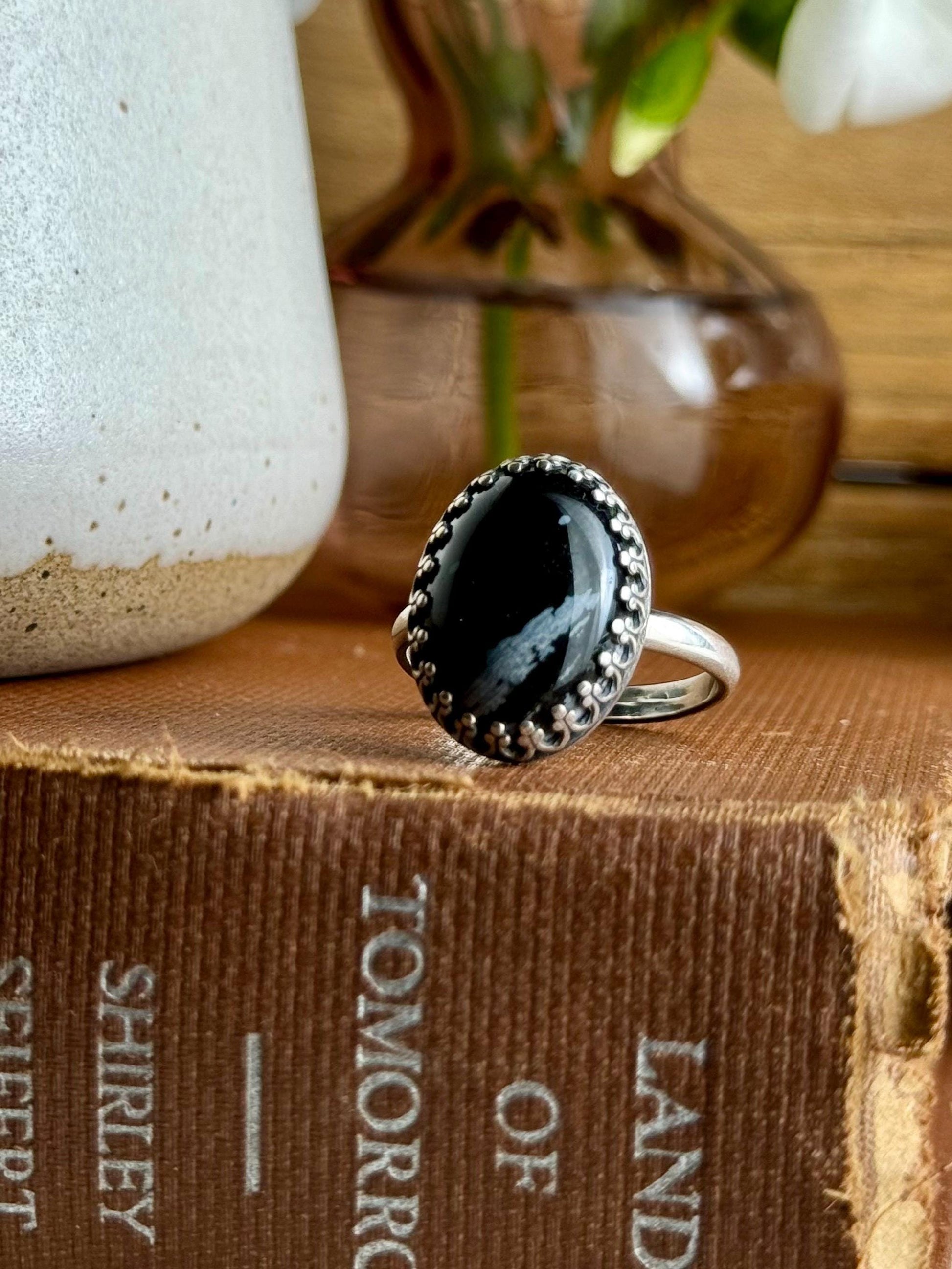 Snowflake Obsidian Modern Minimalist Natural Stone Sterling Silver Handmade Metalsmith Jewelry Ring - Size 9.5