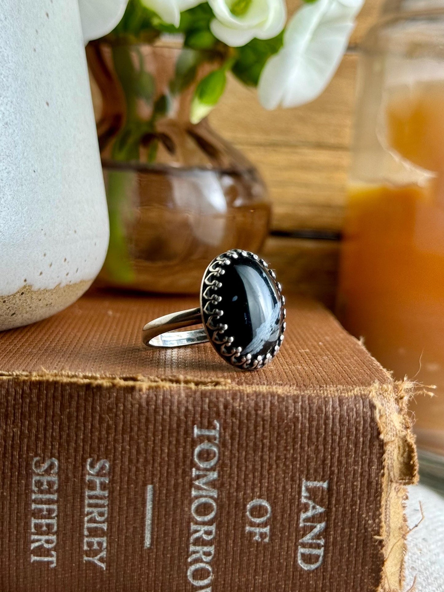 Snowflake Obsidian Modern Minimalist Natural Stone Sterling Silver Handmade Metalsmith Jewelry Ring - Size 9.5