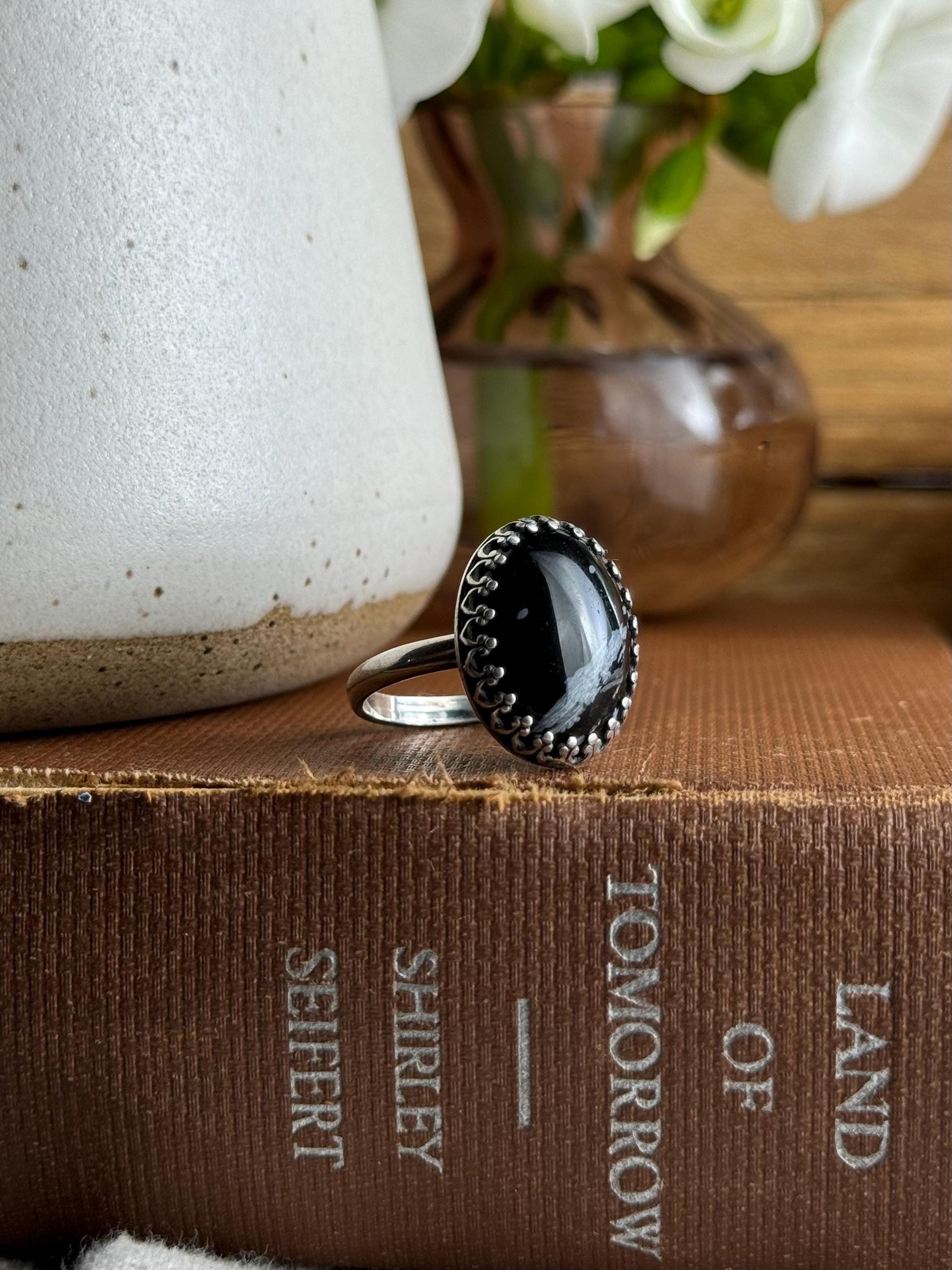 Snowflake Obsidian Modern Minimalist Natural Stone Sterling Silver Handmade Metalsmith Jewelry Ring - Size 9.5