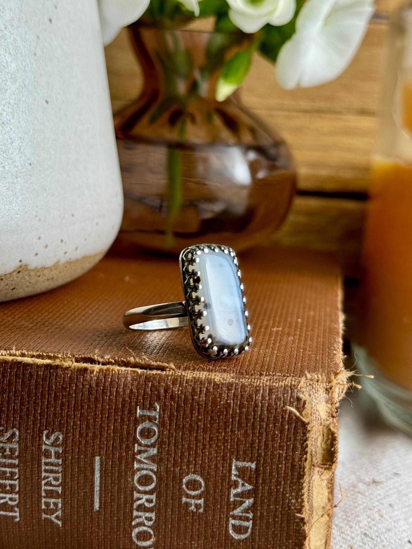 Montana Agate Modern Minimalist Natural Stone Sterling Silver Handmade Metalsmith Jewelry Ring - Size 9