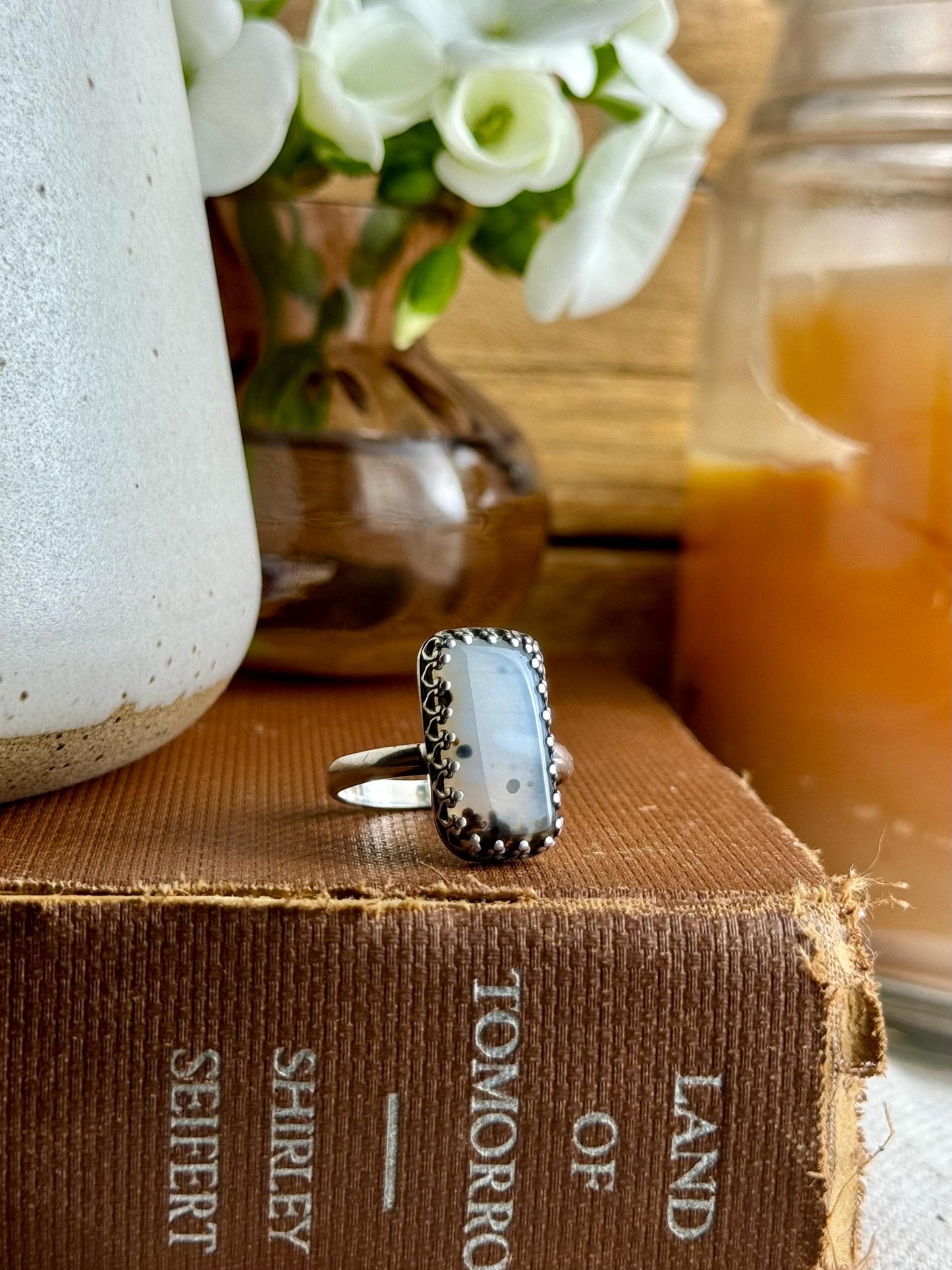 Montana Agate Modern Minimalist Natural Stone Sterling Silver Handmade Metalsmith Jewelry Ring - Size 9