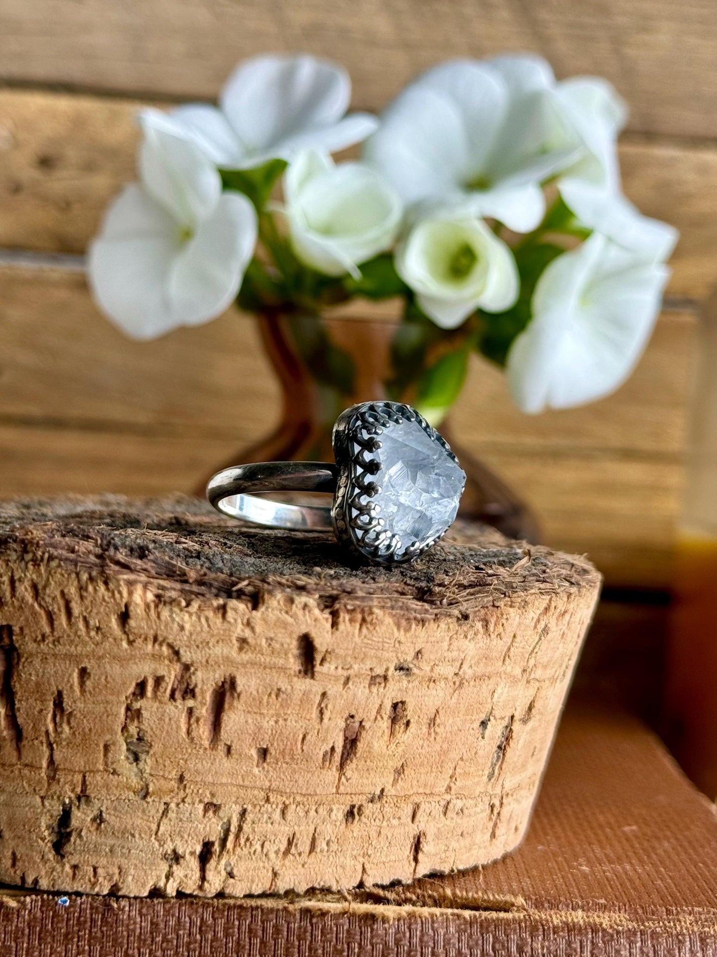 Pulaski County Quartz Kentucky Geode Modern Minimalist Natural Stone Sterling Silver Handmade Metalsmith Jewelry Ring - Size 8.5