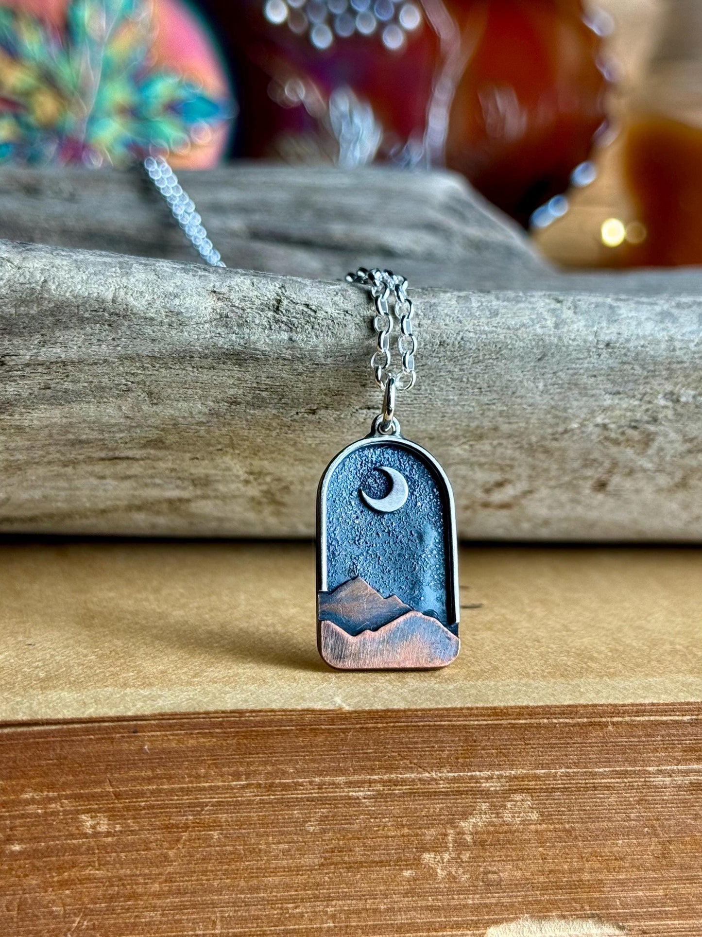 Copper Sterling Silver Gold Appalachian Mountain Night Sky Moon Charm Necklace - Handmade Metalsmith Folk Art Jewelry - Made in the USA