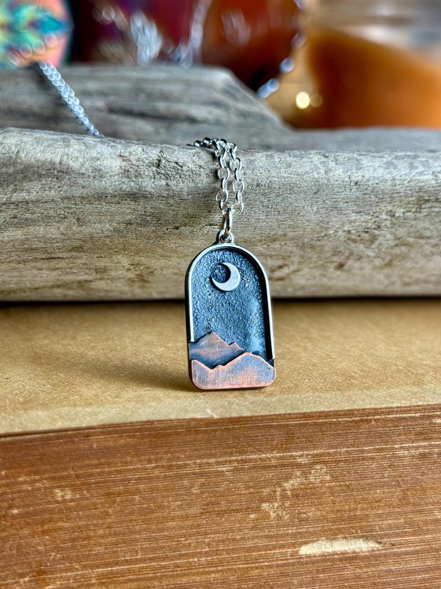 Copper Sterling Silver Gold Appalachian Mountain Night Sky Moon Charm Necklace - Handmade Metalsmith Folk Art Jewelry - Made in the USA