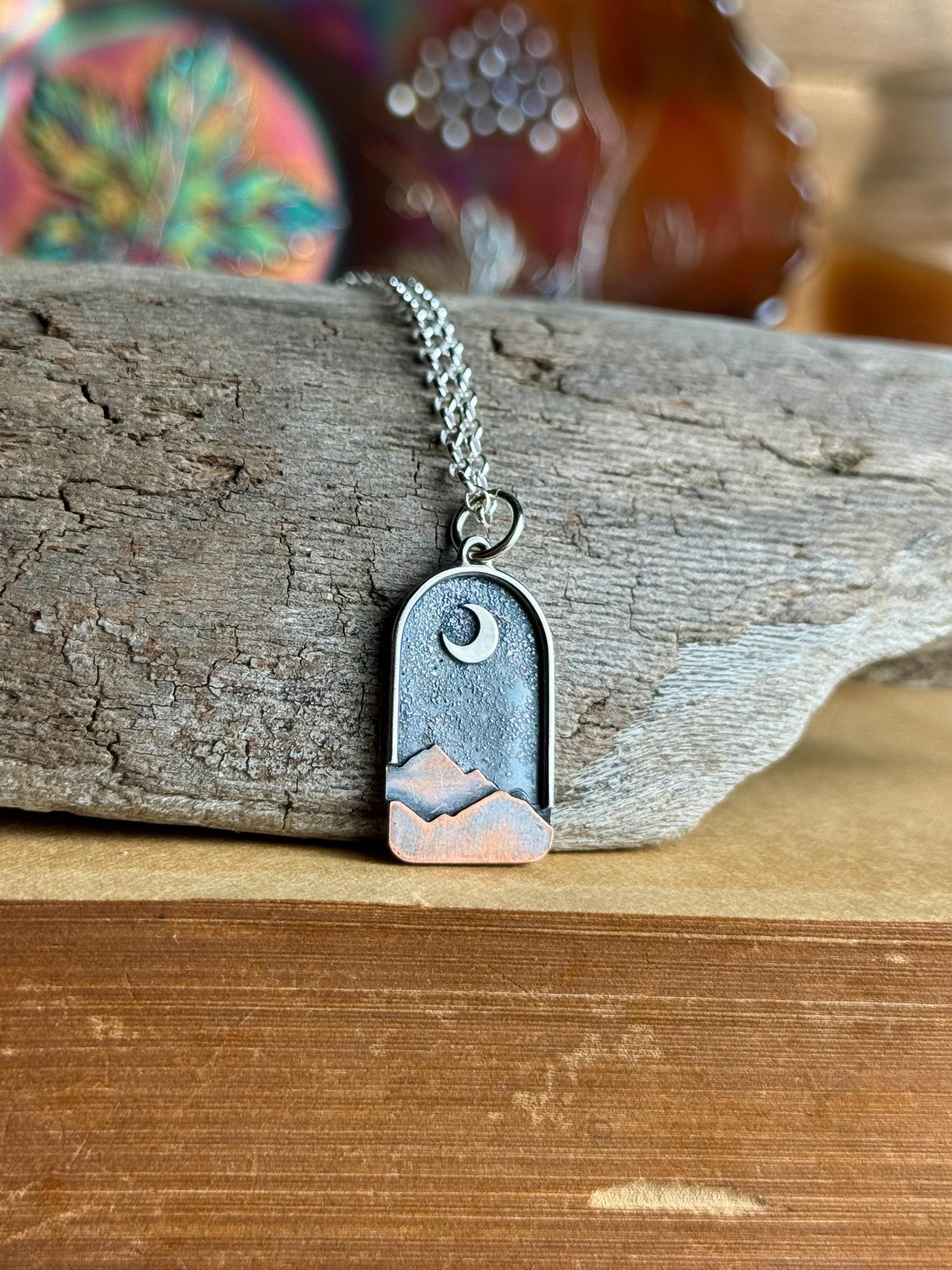 Copper Sterling Silver Gold Appalachian Mountain Night Sky Moon Charm Necklace - Handmade Metalsmith Folk Art Jewelry - Made in the USA