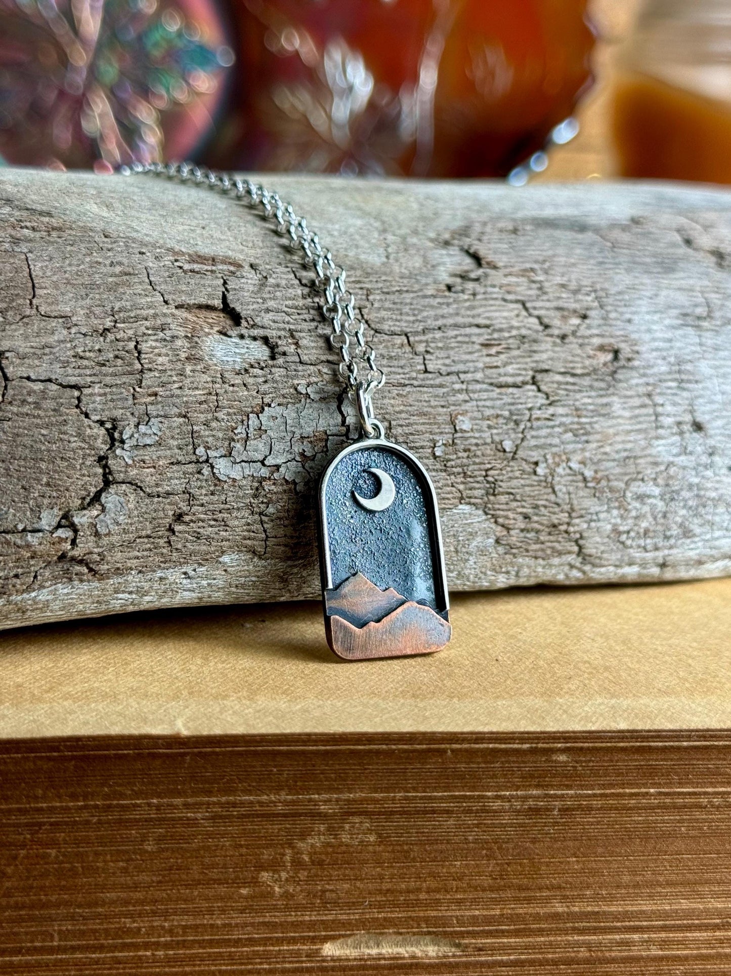 Copper Sterling Silver Gold Appalachian Mountain Night Sky Moon Charm Necklace - Handmade Metalsmith Folk Art Jewelry - Made in the USA