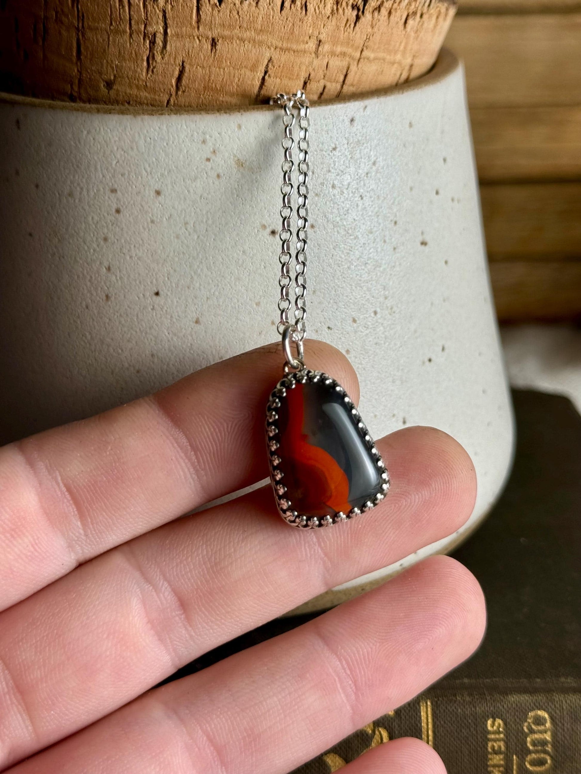 Handcrafted Sterling Silver Red Black Kentucky Agate Natural Stone Charm Necklace Metalsmith