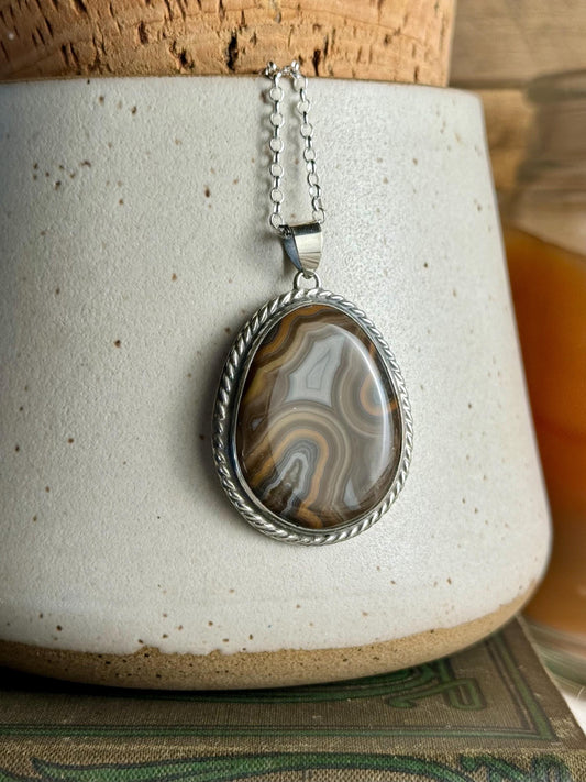 Handcrafted Sterling Silver Large Kentucky Agate Orange Grey Natural Stone Charm Necklace Metalsmith