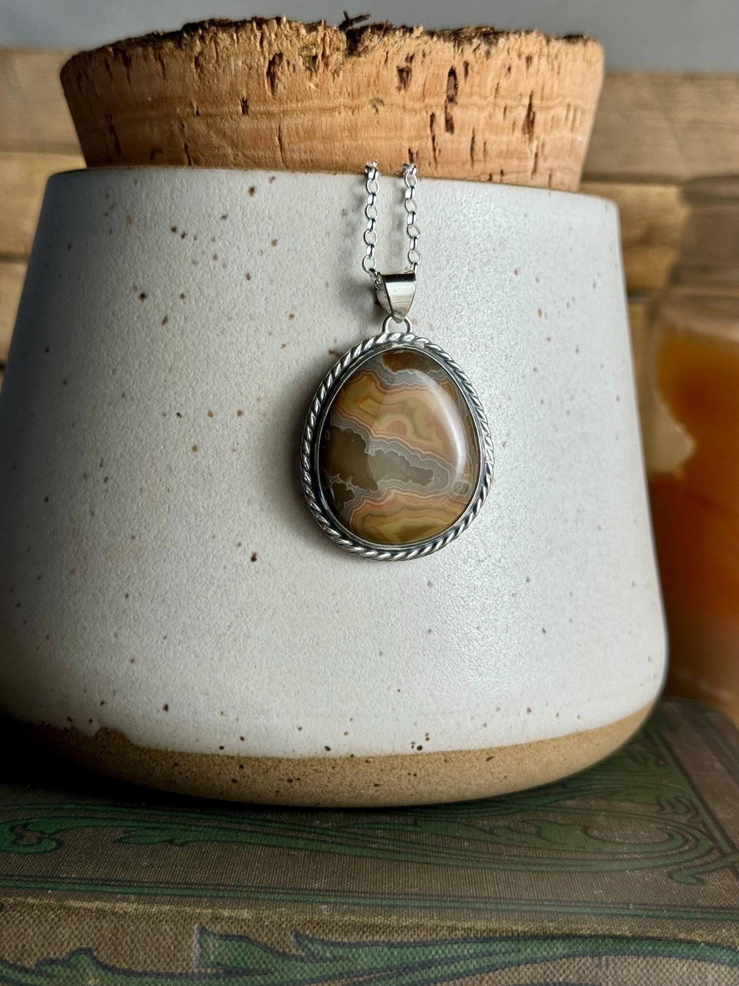 Handcrafted Sterling Orange Grey Brown Silver Kentucky Agate Natural Stone Charm Necklace Metalsmith