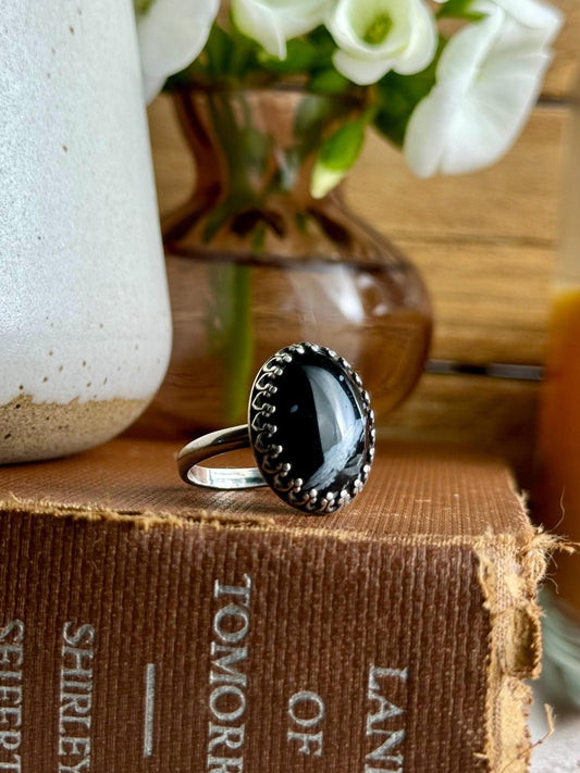 Snowflake Obsidian Modern Minimalist Natural Stone Sterling Silver Handmade Metalsmith Jewelry Ring - Size 9.5