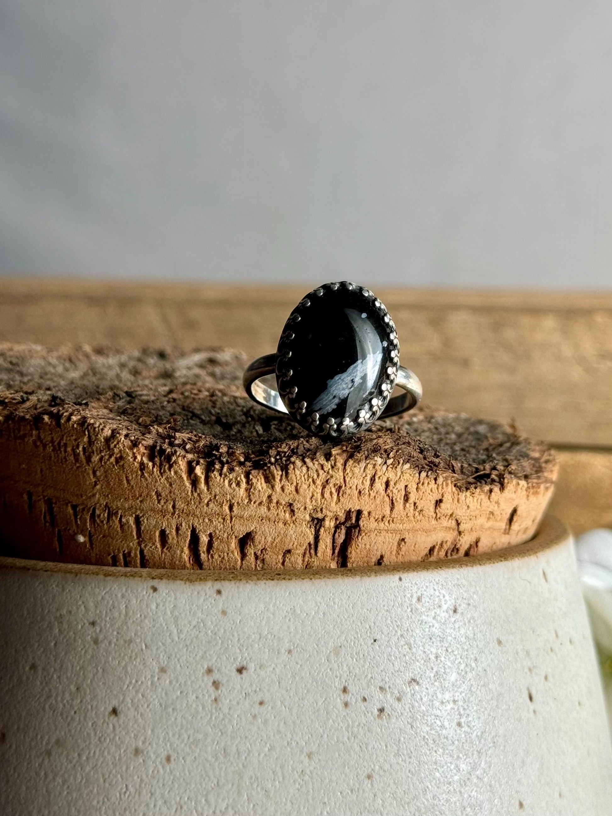 Snowflake Obsidian Modern Minimalist Natural Stone Sterling Silver Handmade Metalsmith Jewelry Ring - Size 9.5