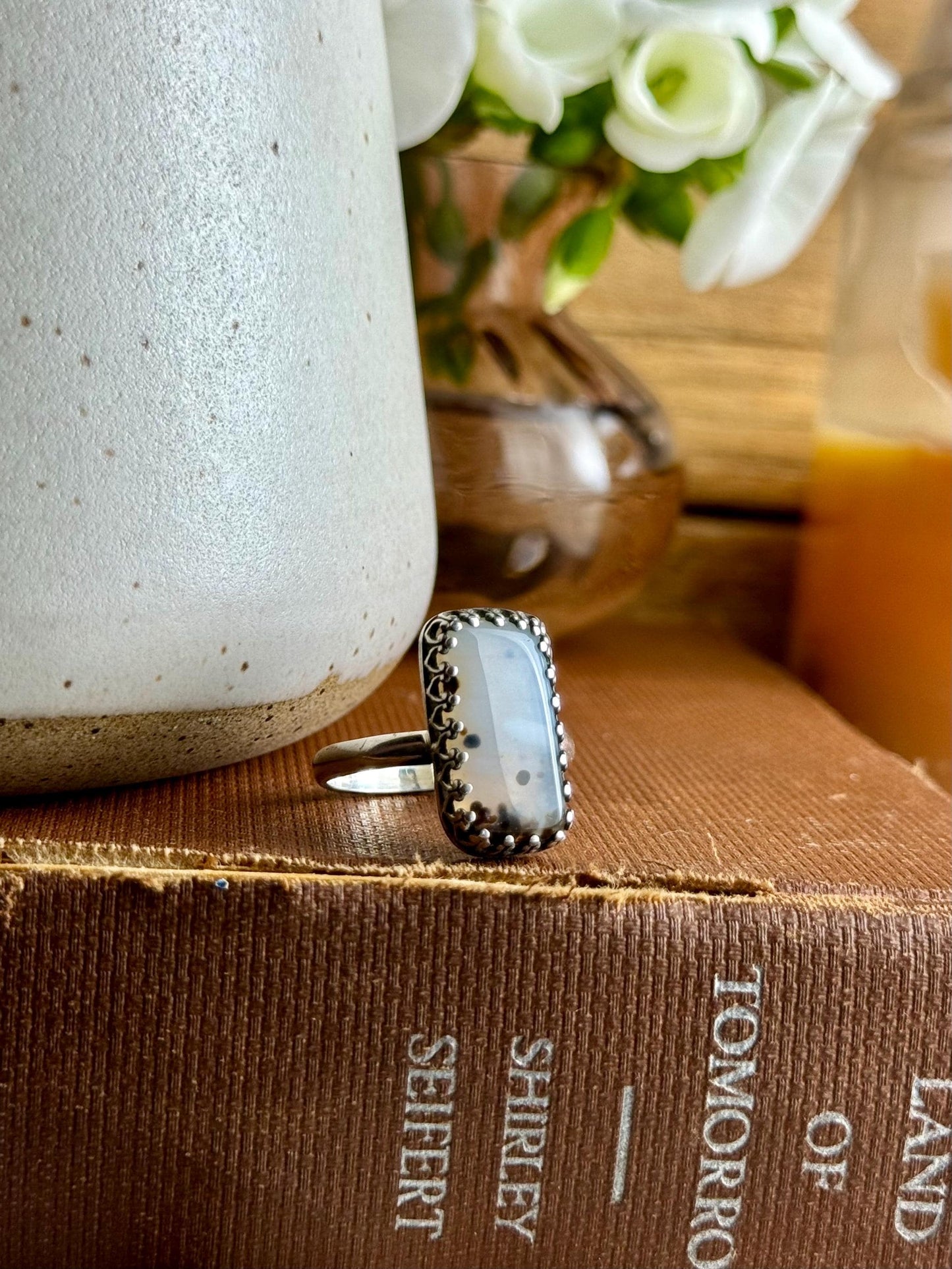 Montana Agate Modern Minimalist Natural Stone Sterling Silver Handmade Metalsmith Jewelry Ring - Size 9