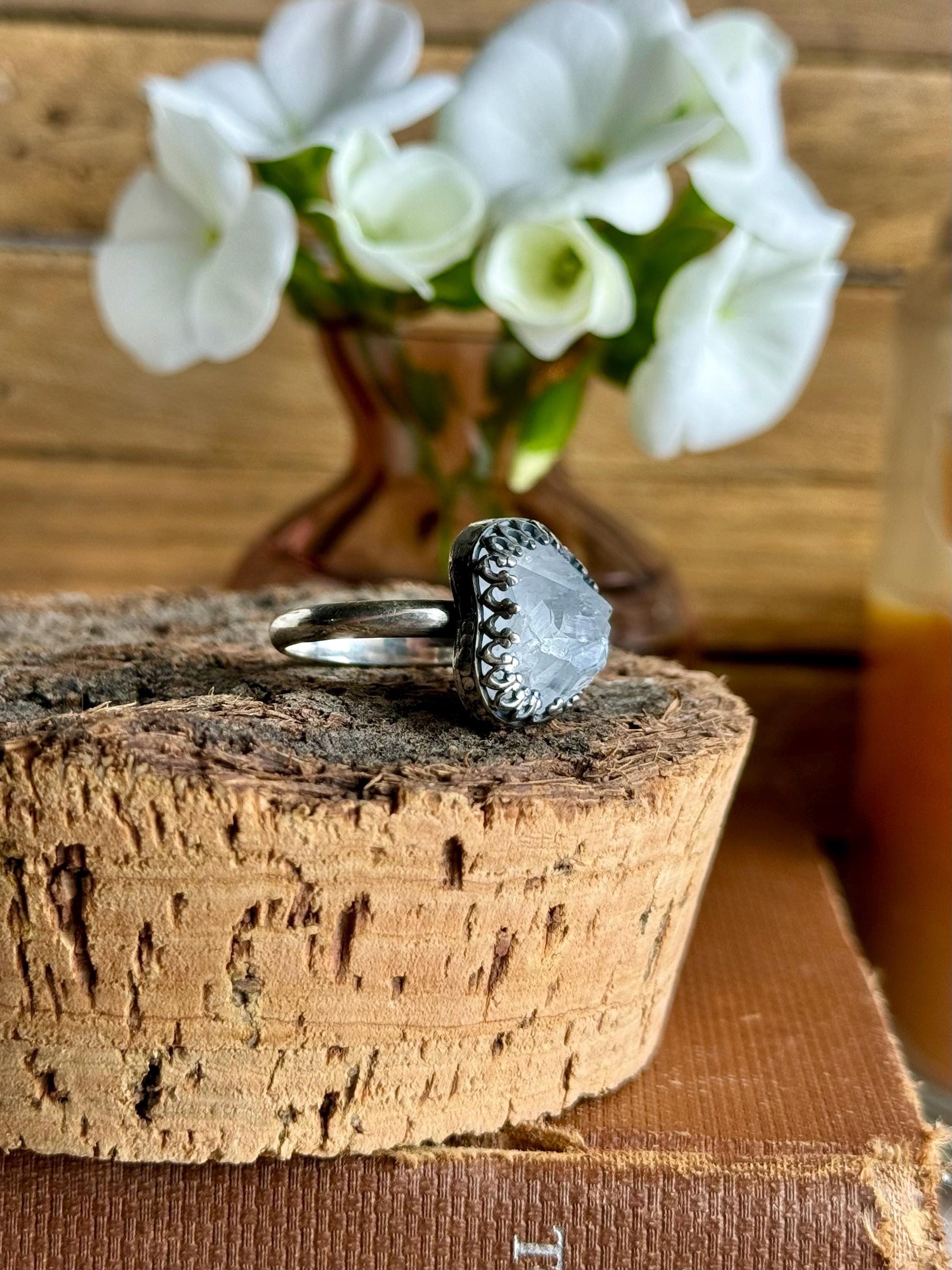 Pulaski County Quartz Kentucky Geode Modern Minimalist Natural Stone Sterling Silver Handmade Metalsmith Jewelry Ring - Size 8.5