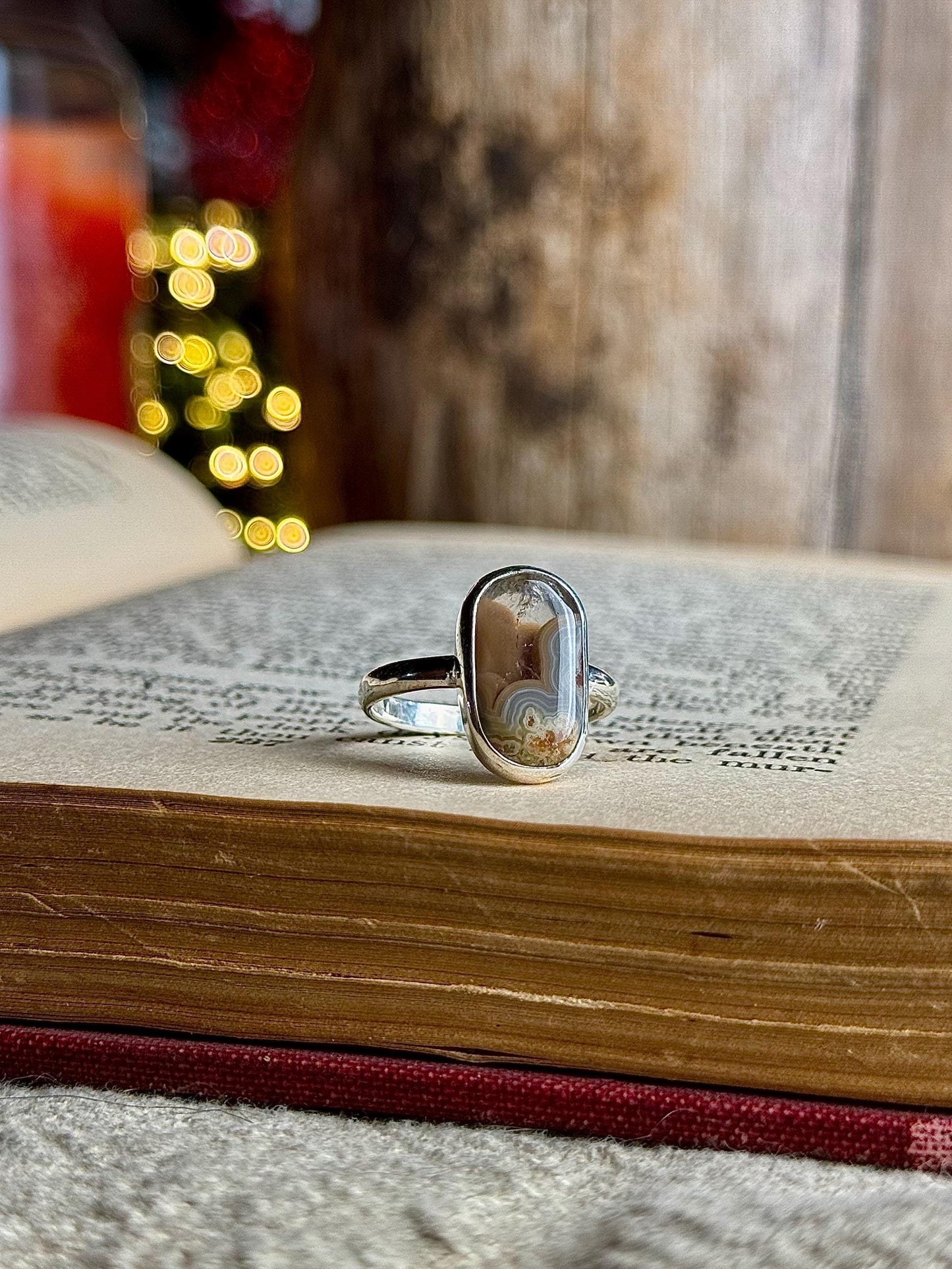 Orange Brown Kentucky Agate Modern Minimalist Natural Stone Sterling Silver Handmade Metalsmith Jewelry Ring - Size 8