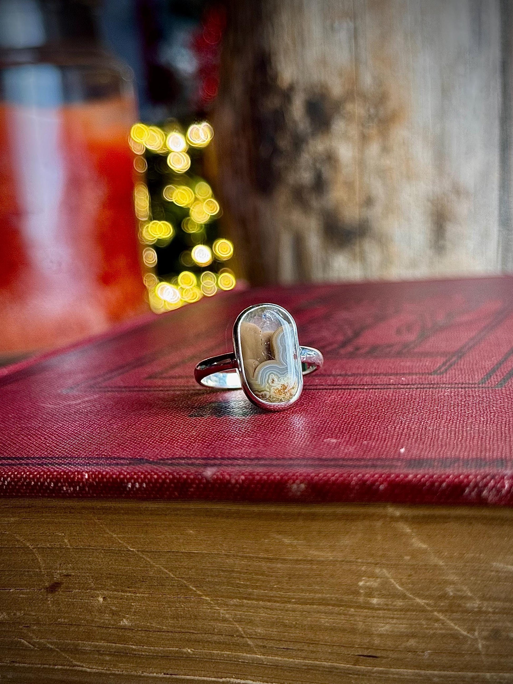 Orange Brown Kentucky Agate Modern Minimalist Natural Stone Sterling Silver Handmade Metalsmith Jewelry Ring - Size 8