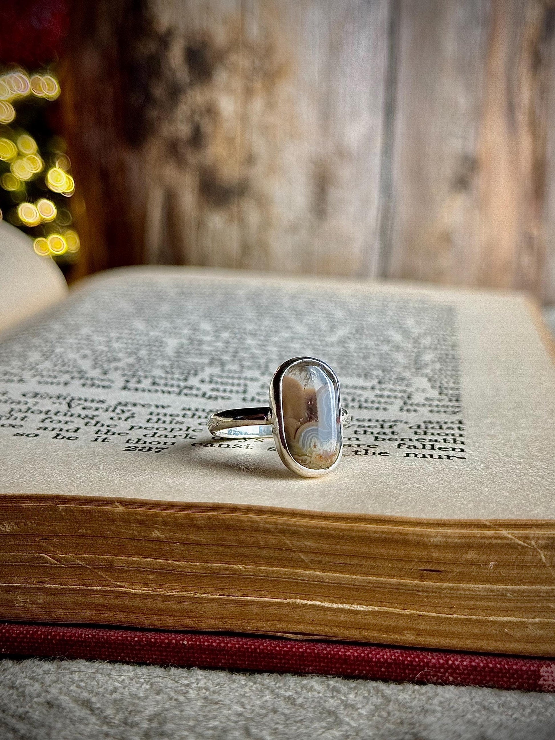 Orange Brown Kentucky Agate Modern Minimalist Natural Stone Sterling Silver Handmade Metalsmith Jewelry Ring - Size 8