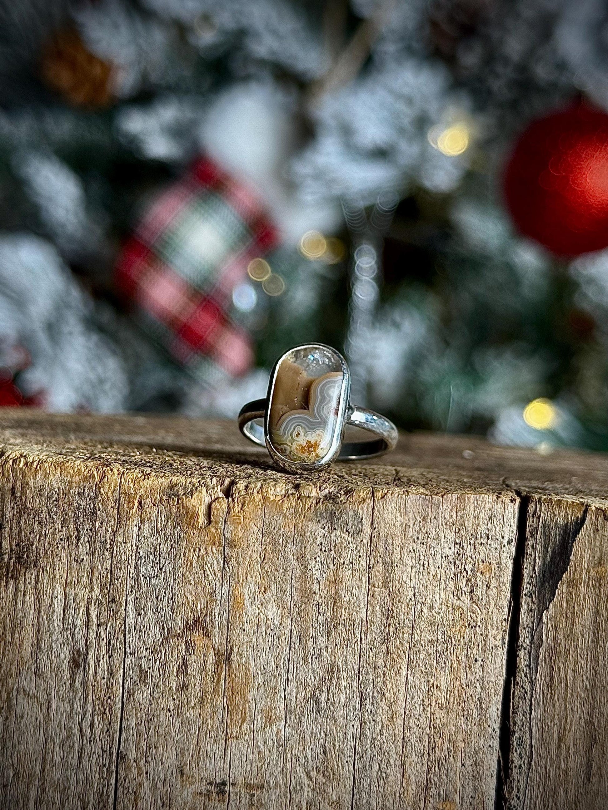 Orange Brown Kentucky Agate Modern Minimalist Natural Stone Sterling Silver Handmade Metalsmith Jewelry Ring - Size 8