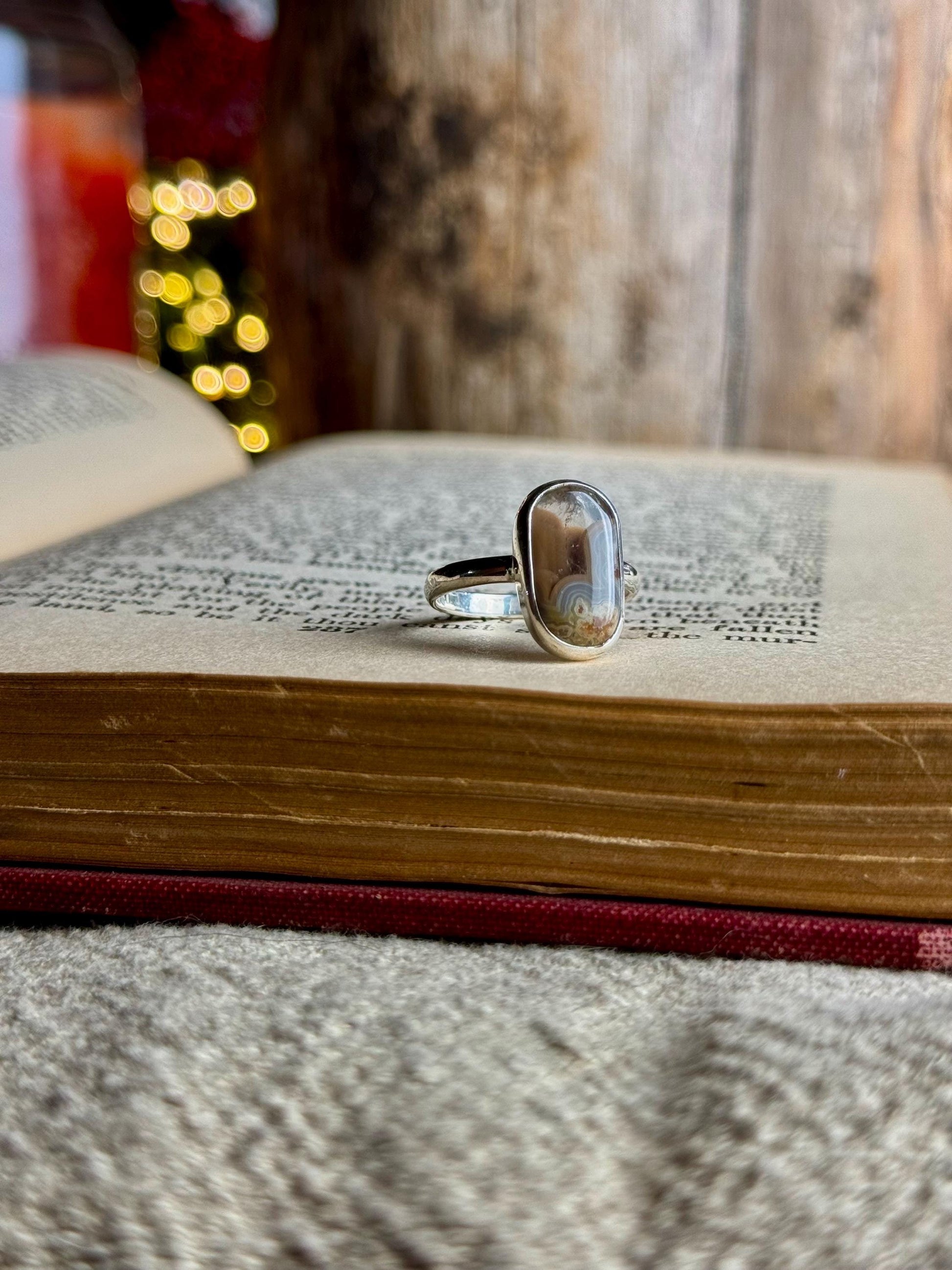 Orange Brown Kentucky Agate Modern Minimalist Natural Stone Sterling Silver Handmade Metalsmith Jewelry Ring - Size 8