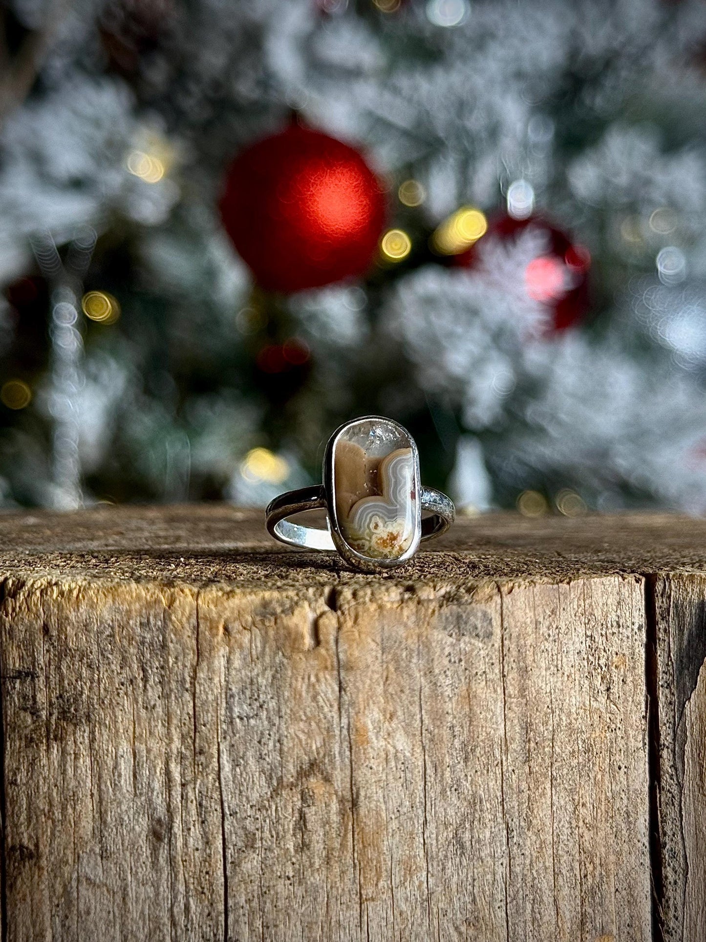 Orange Brown Kentucky Agate Modern Minimalist Natural Stone Sterling Silver Handmade Metalsmith Jewelry Ring - Size 8