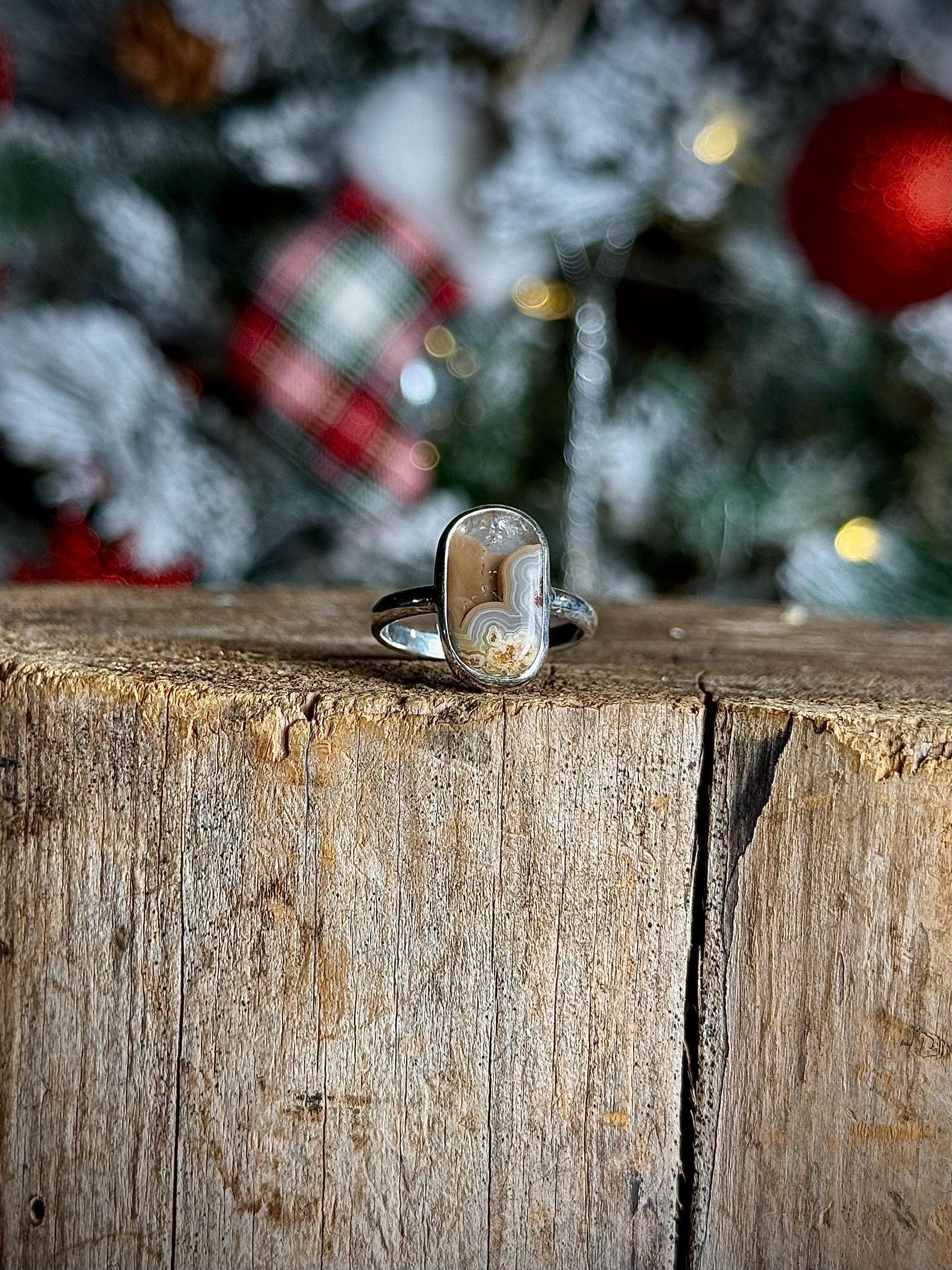 Orange Brown Kentucky Agate Modern Minimalist Natural Stone Sterling Silver Handmade Metalsmith Jewelry Ring - Size 8