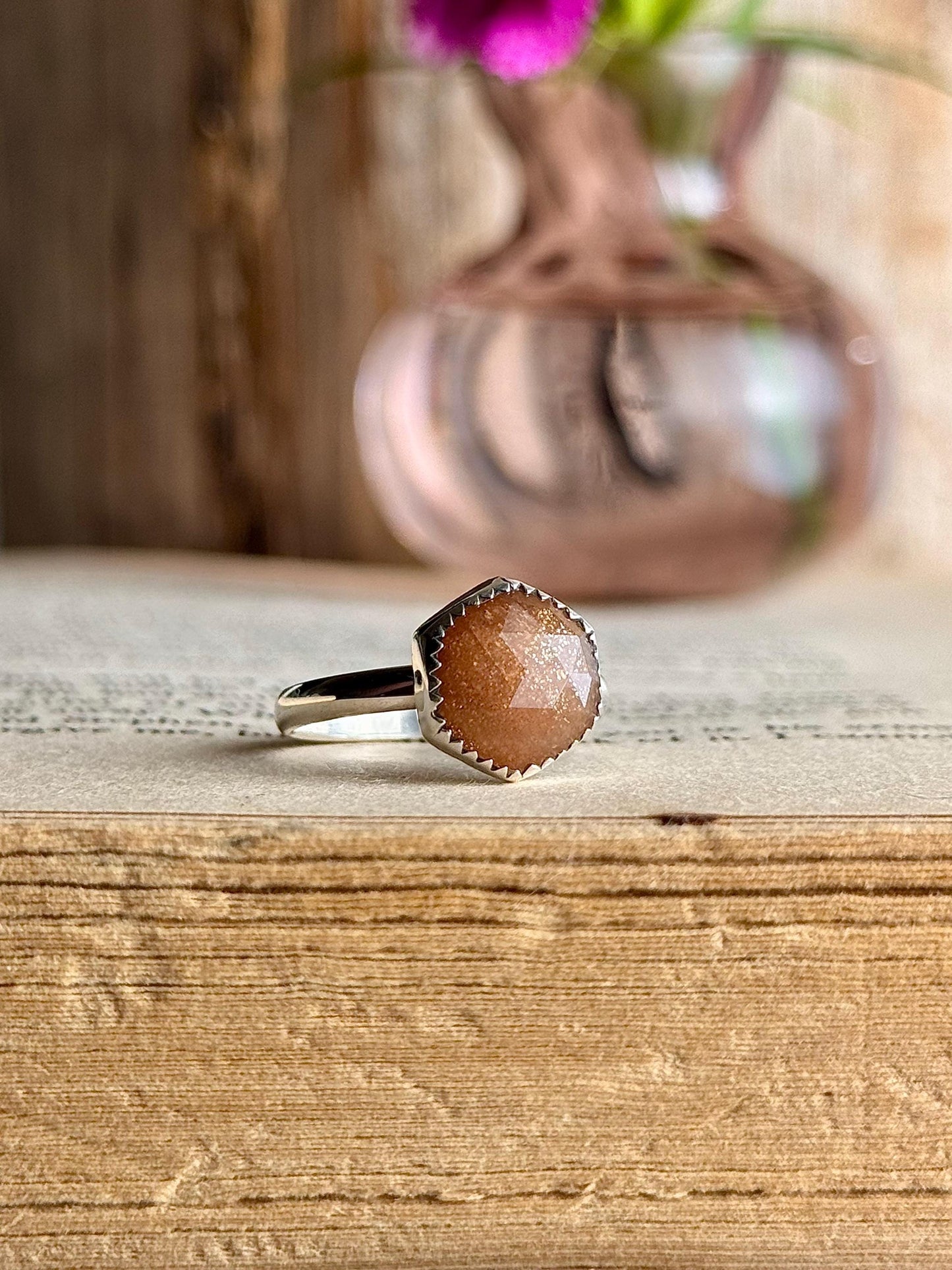 Sunstone Ring, Sunstone Jewelry, Peach Sunstone Ring, Hexagon Ring, Sterling Silver Jewelry, Handmade Ring, Sunstone, Handmade Ring