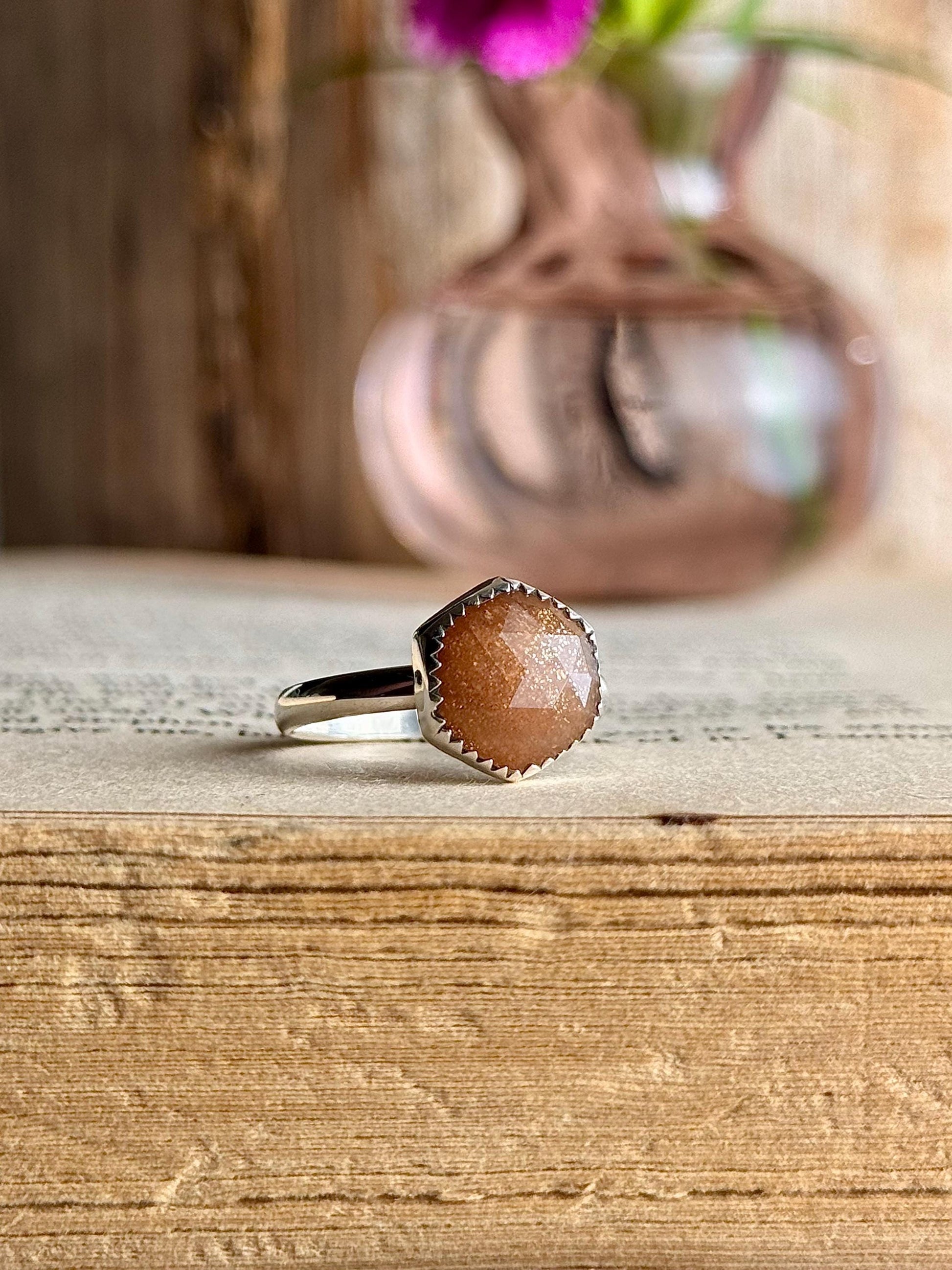 Sunstone Ring, Sunstone Jewelry, Peach Sunstone Ring, Hexagon Ring, Sterling Silver Jewelry, Handmade Ring, Sunstone, Handmade Ring