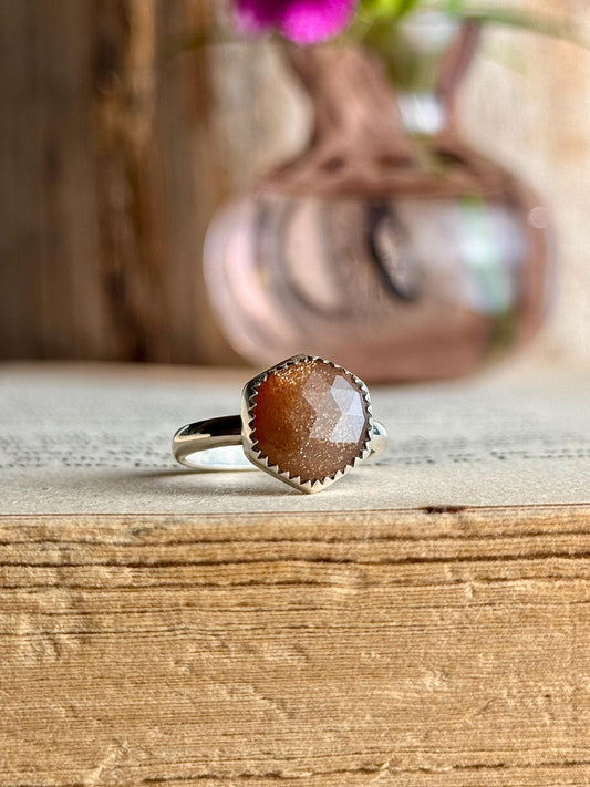 Sunstone Ring, Sunstone Jewelry, Peach Sunstone Ring, Hexagon Ring, Sterling Silver Jewelry, Handmade Ring, Sunstone, Handmade Ring
