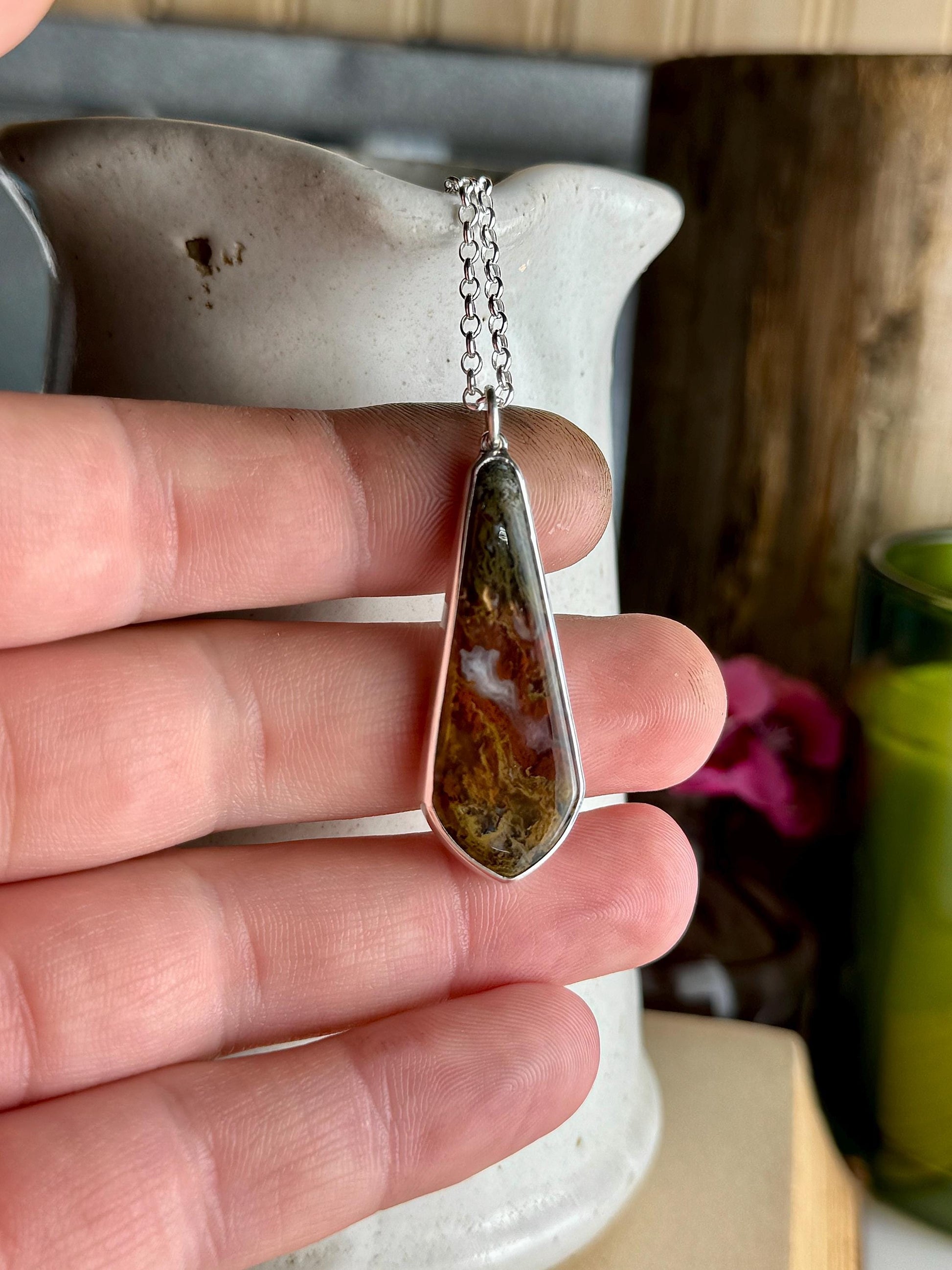 Moss Agate, Moss Agate Necklace, Sterling Silver Handmade Necklace, Moss Agate Pendant, Natural Stone Necklace, Agate Jewelry, Necklaces